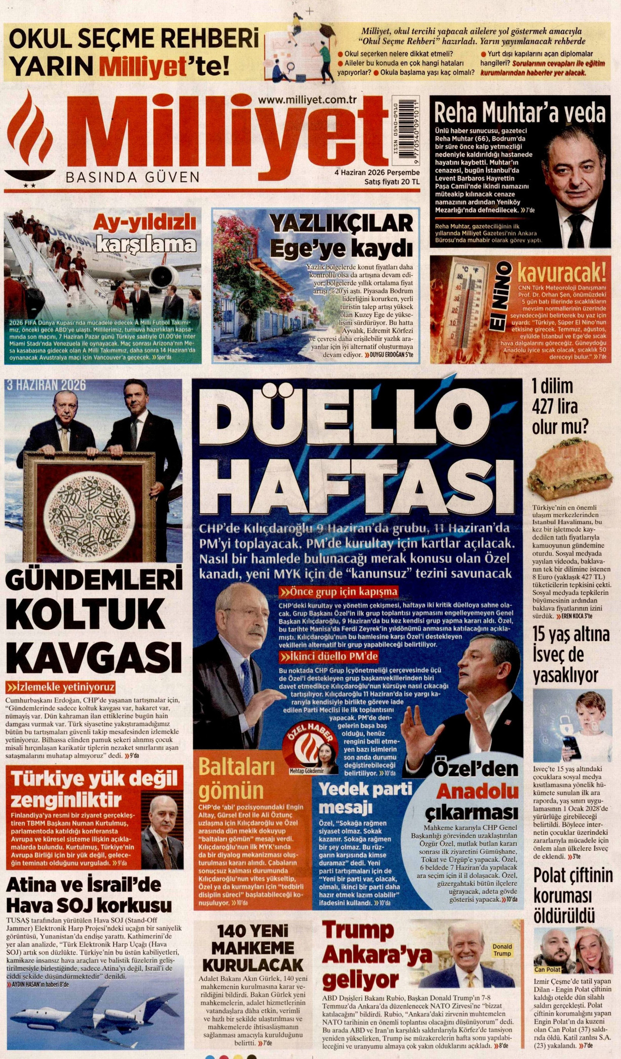 MİLLİYET gazetesinin 4 Haziran 2026 tarihli birinci sayfası