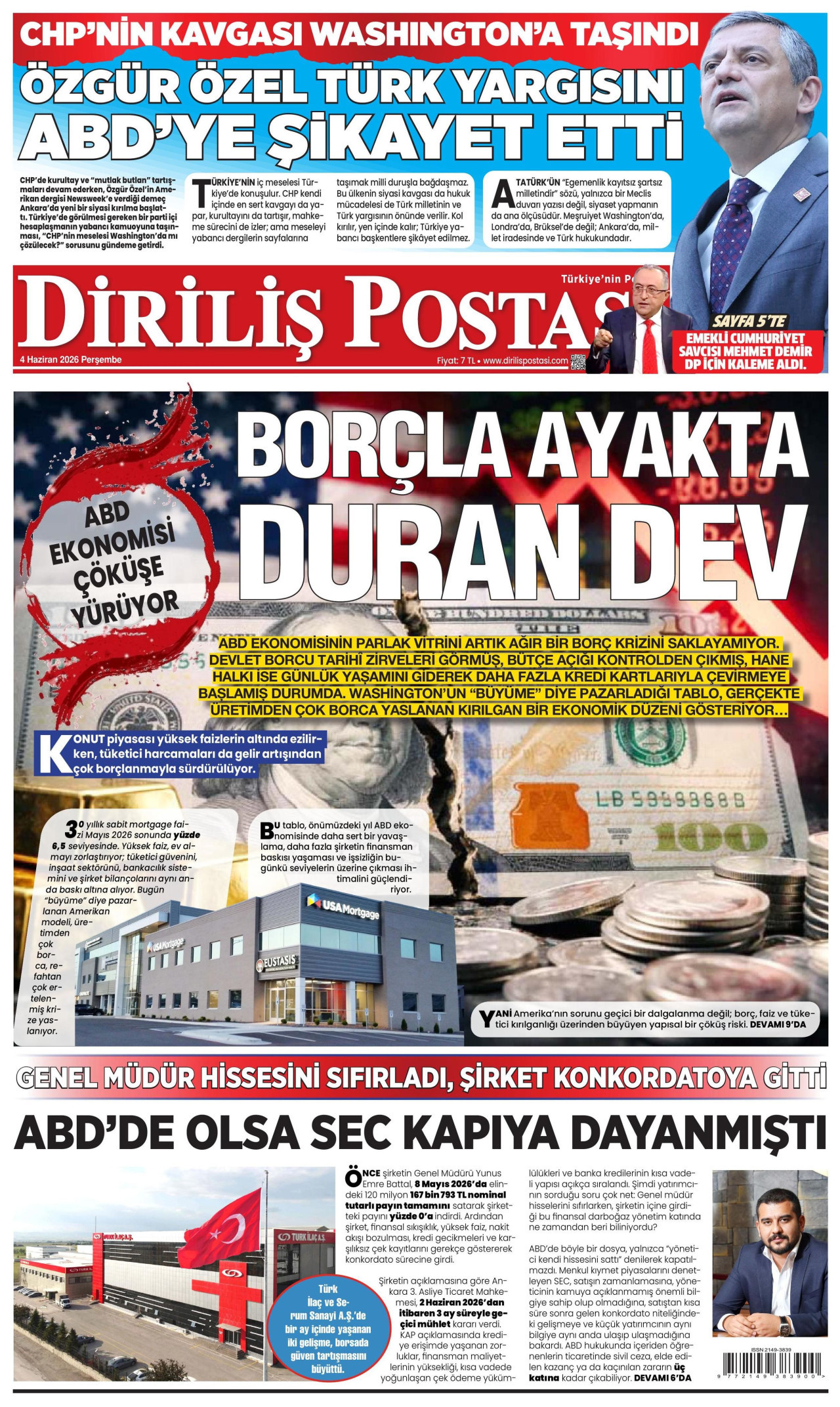 DİRİLİŞ POSTASI gazetesinin 4 Haziran 2026 tarihli birinci sayfası
