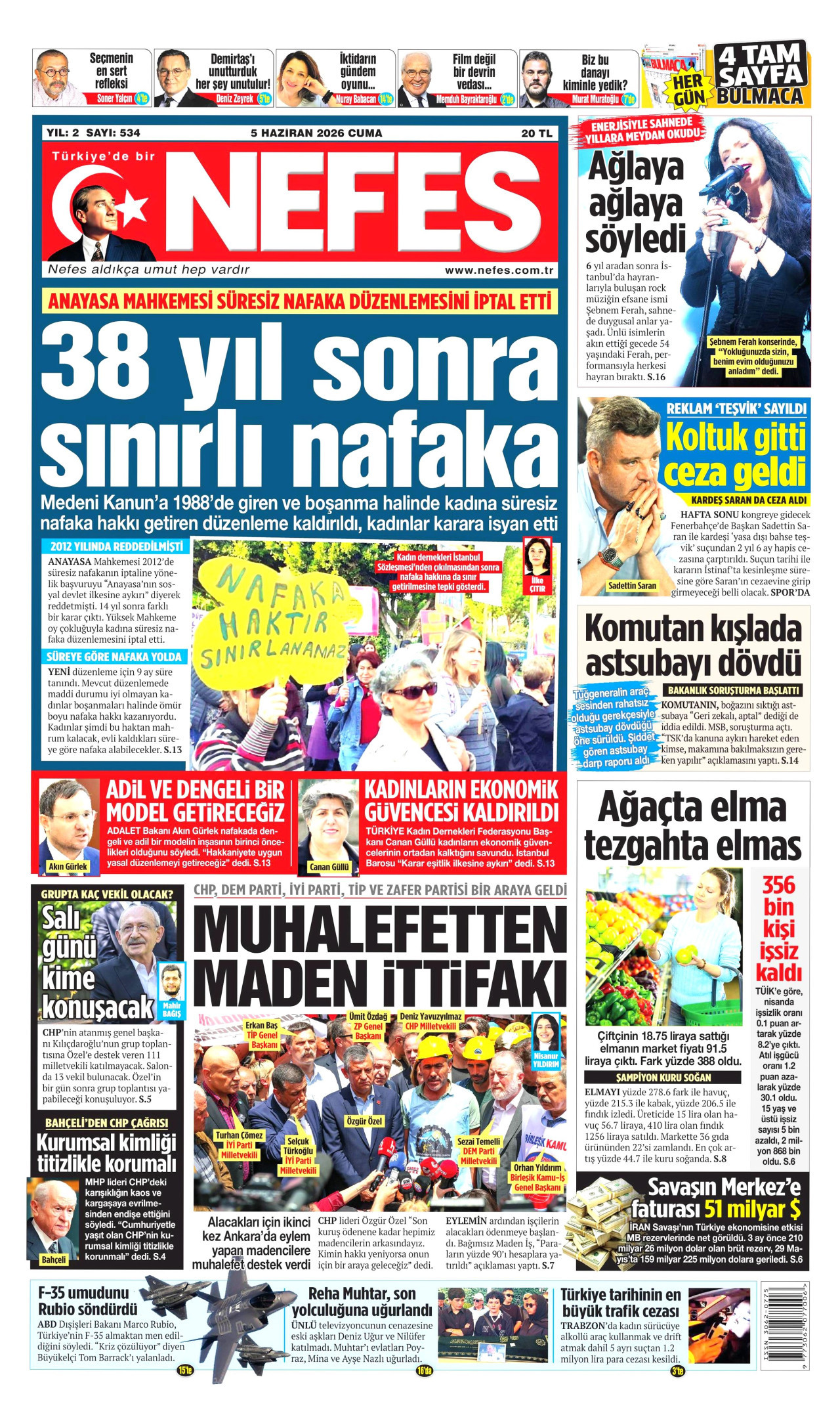 NEFES gazetesinin 5 Haziran 2026 tarihli birinci sayfası