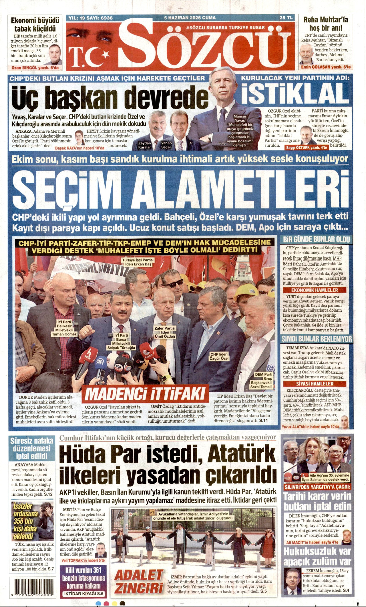 SÖZCÜ gazetesinin 5 Haziran 2026 tarihli birinci sayfası