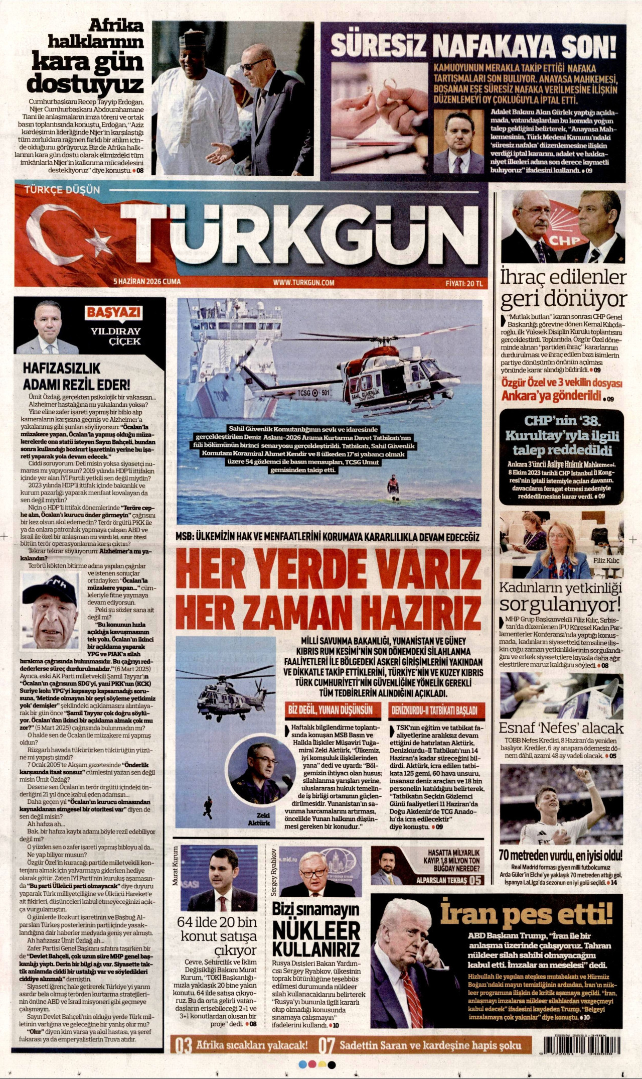 TÜRKGÜN gazetesinin 5 Haziran 2026 tarihli birinci sayfası