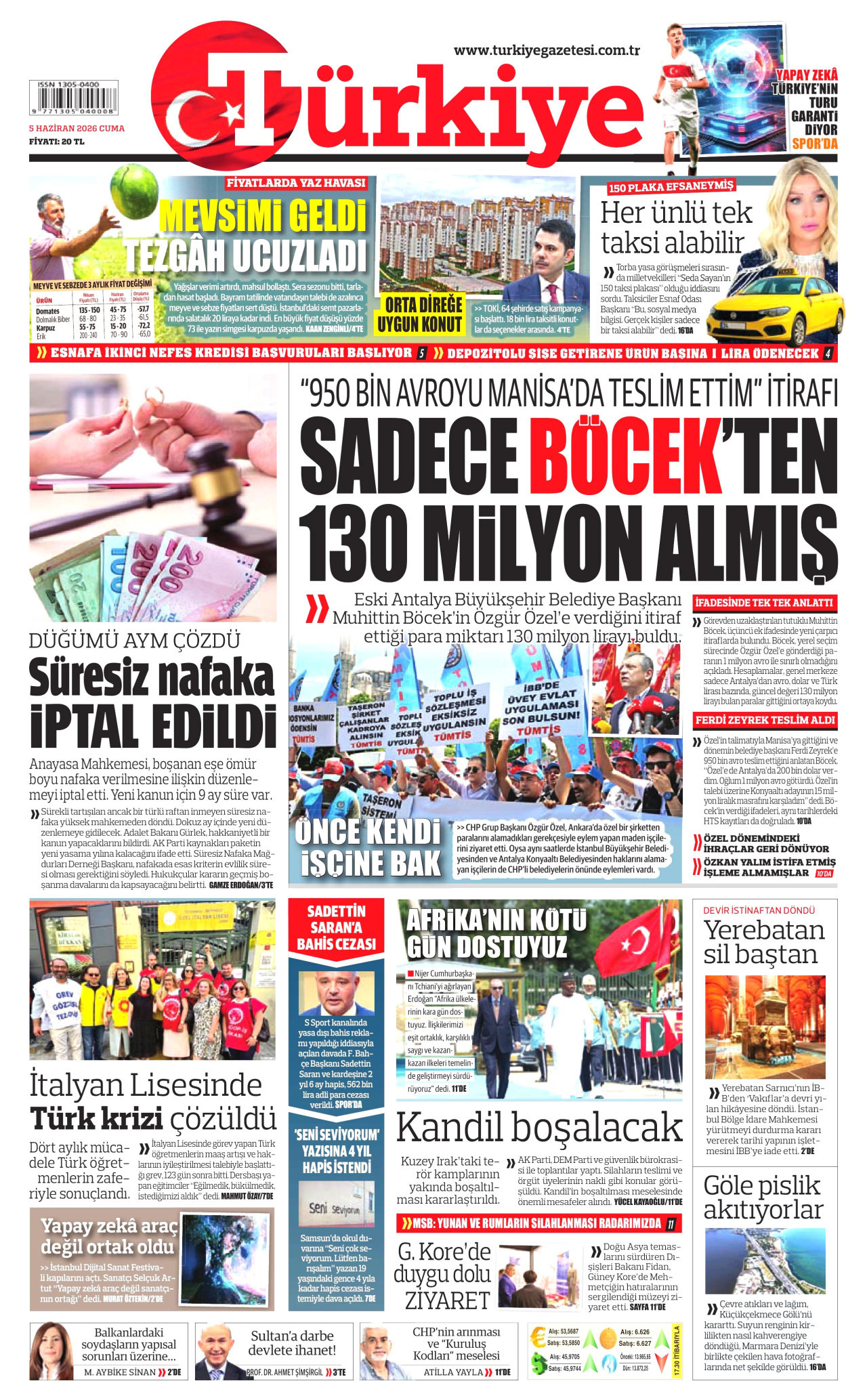 TÜRKİYE GAZETESİ gazetesinin 5 Haziran 2026 tarihli birinci sayfası