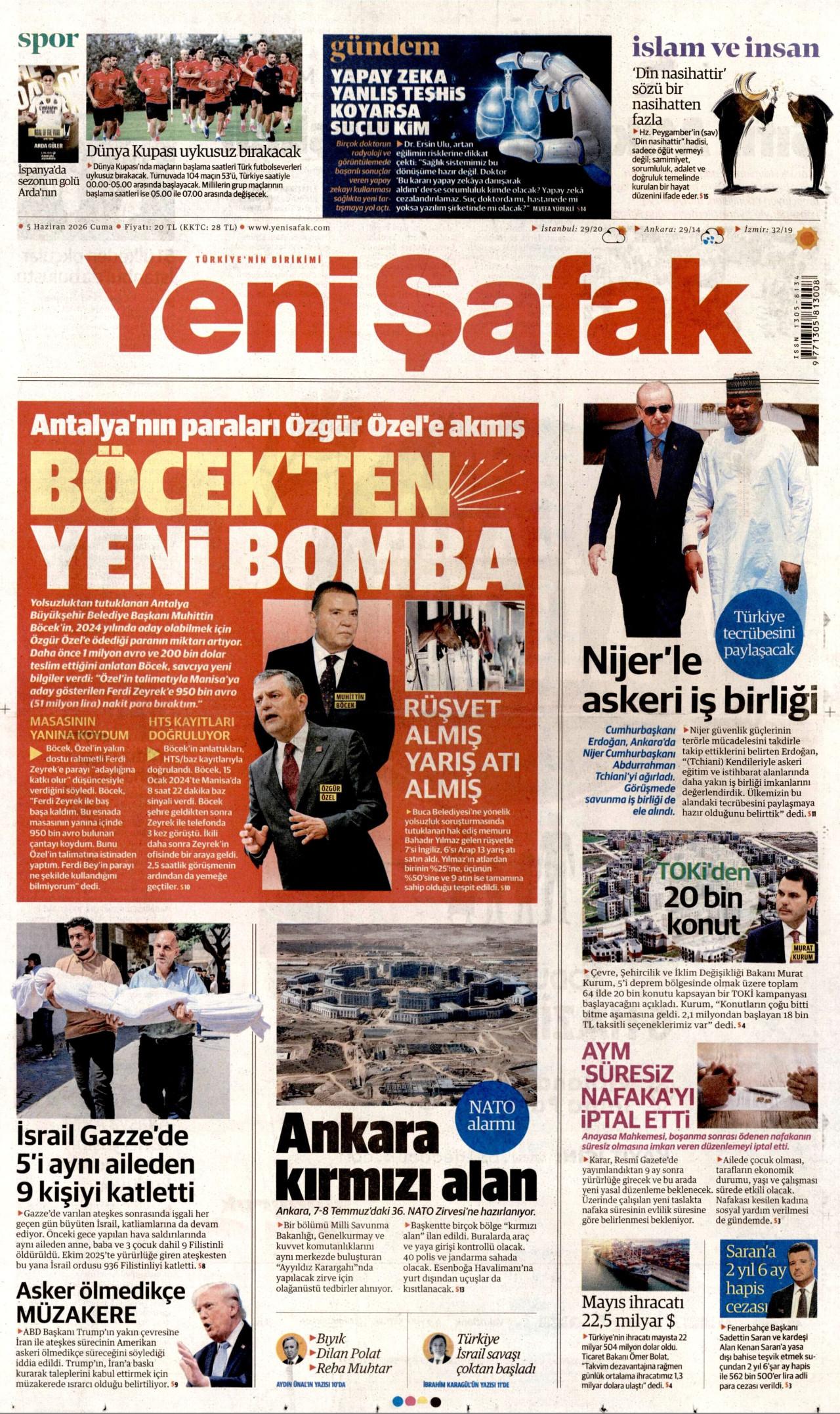 YENİ ŞAFAK gazetesinin 5 Haziran 2026 tarihli birinci sayfası