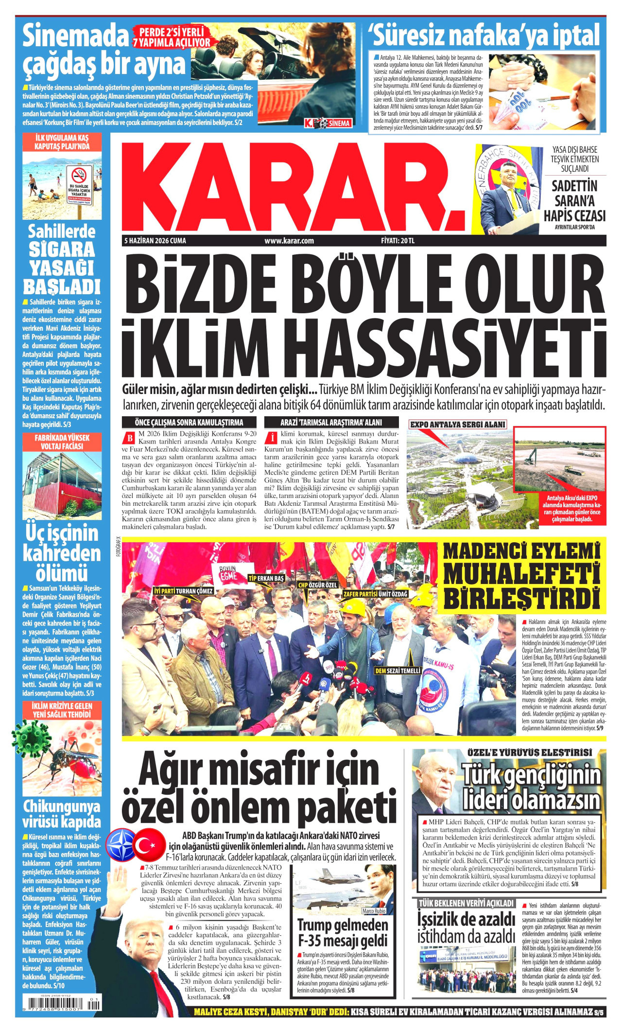 KARAR gazetesinin 5 Haziran 2026 tarihli birinci sayfası