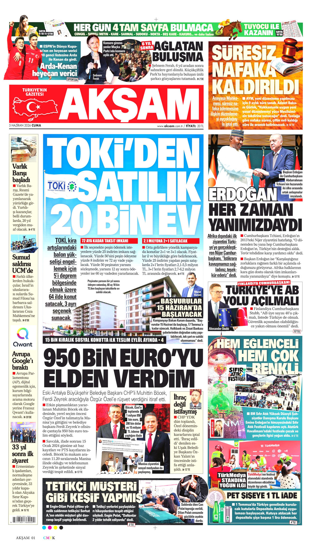 AKŞAM gazetesinin 5 Haziran 2026 tarihli birinci sayfası