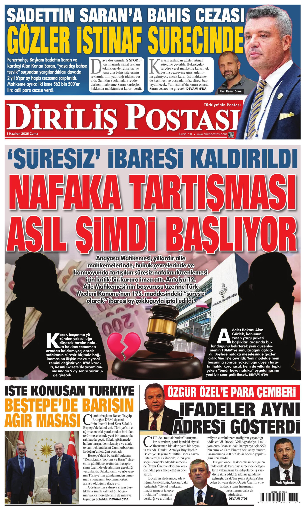 DİRİLİŞ POSTASI gazetesinin 5 Haziran 2026 tarihli birinci sayfası
