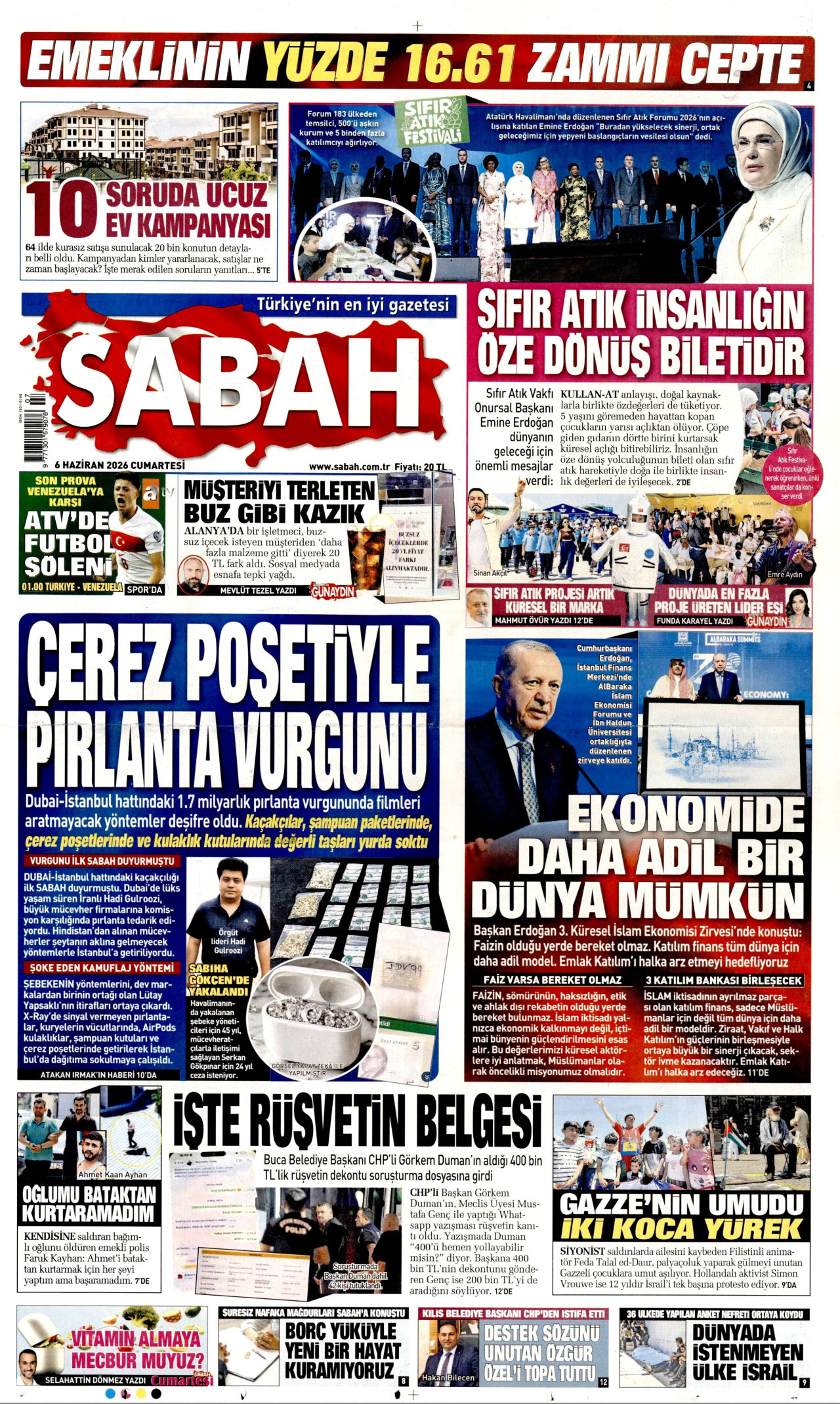 SABAH gazetesinin 6 Haziran 2026 tarihli birinci sayfası