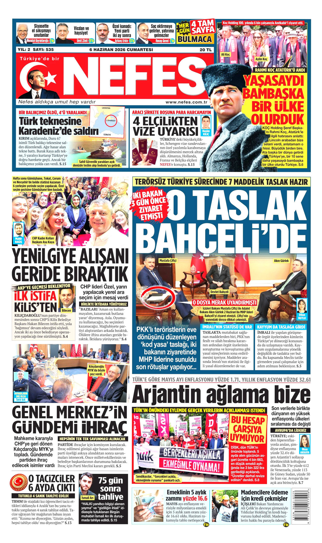 NEFES gazetesinin 6 Haziran 2026 tarihli birinci sayfası