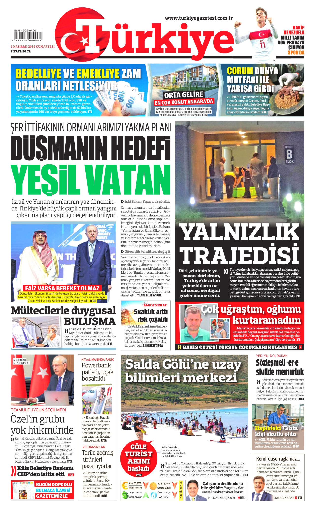 TÜRKİYE GAZETESİ gazetesinin 6 Haziran 2026 tarihli birinci sayfası