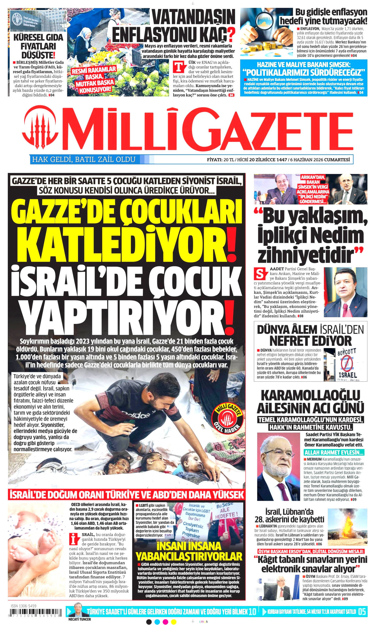 MİLLİ GAZETE gazetesinin 6 Haziran 2026 tarihli birinci sayfası