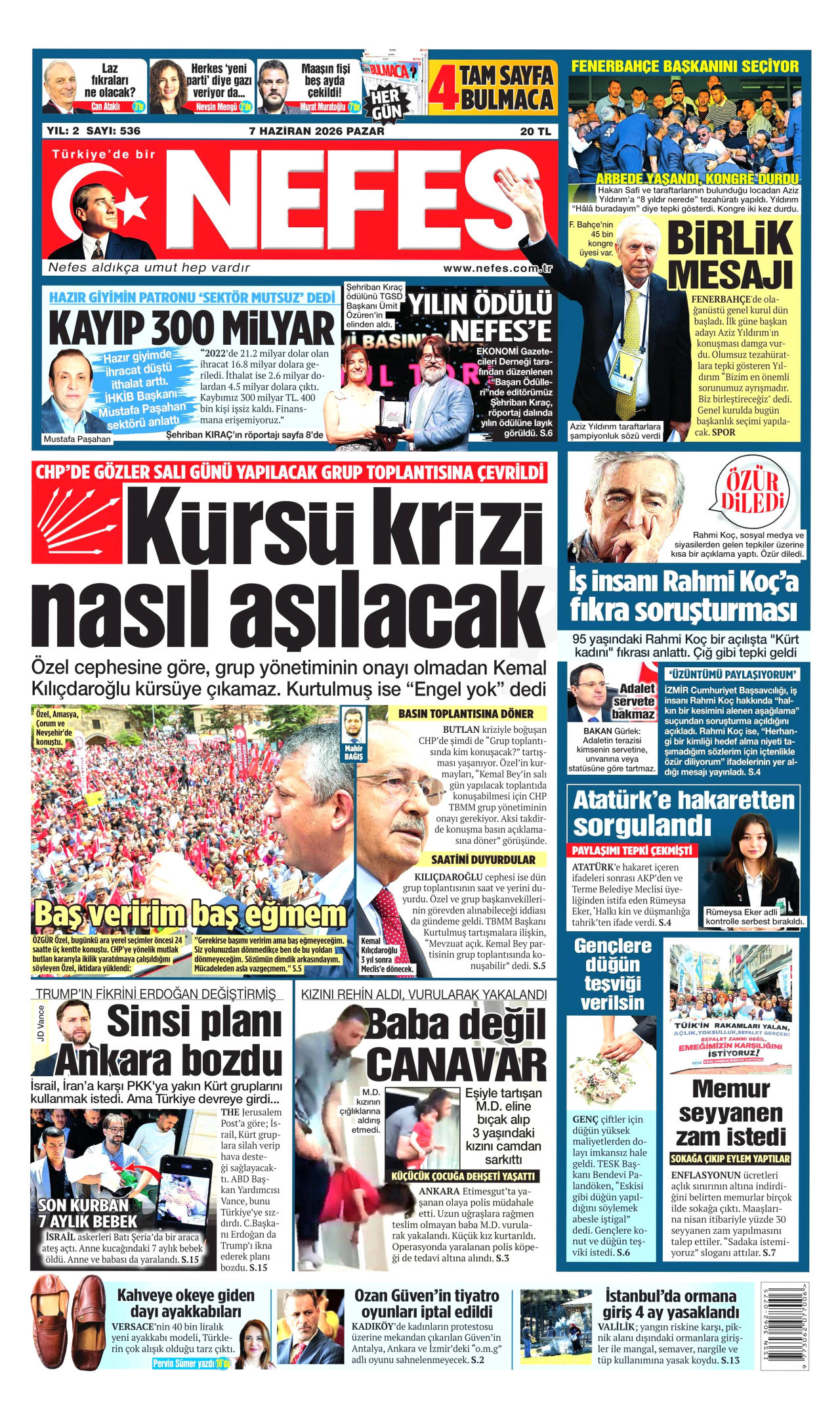NEFES gazetesinin 7 Haziran 2026 tarihli birinci sayfası