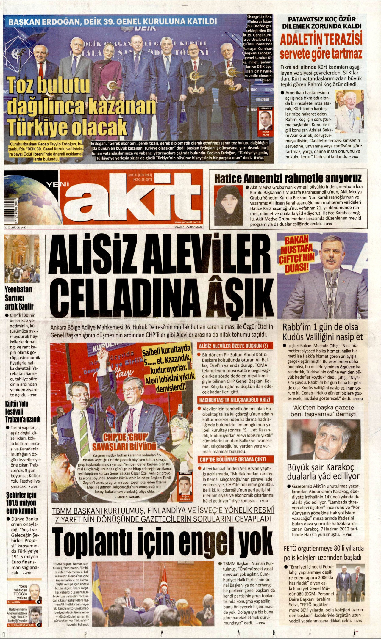 YENİ AKİT gazetesinin 7 Haziran 2026 tarihli birinci sayfası