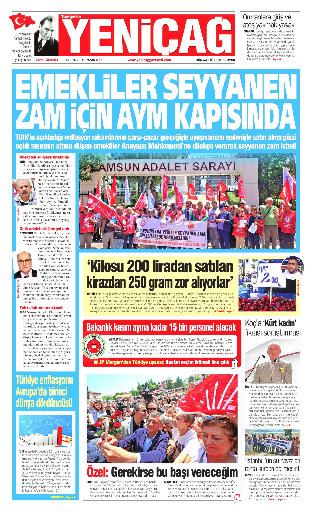 YENİÇAĞ gazetesinin 7 Haziran 2026 tarihli birinci sayfası