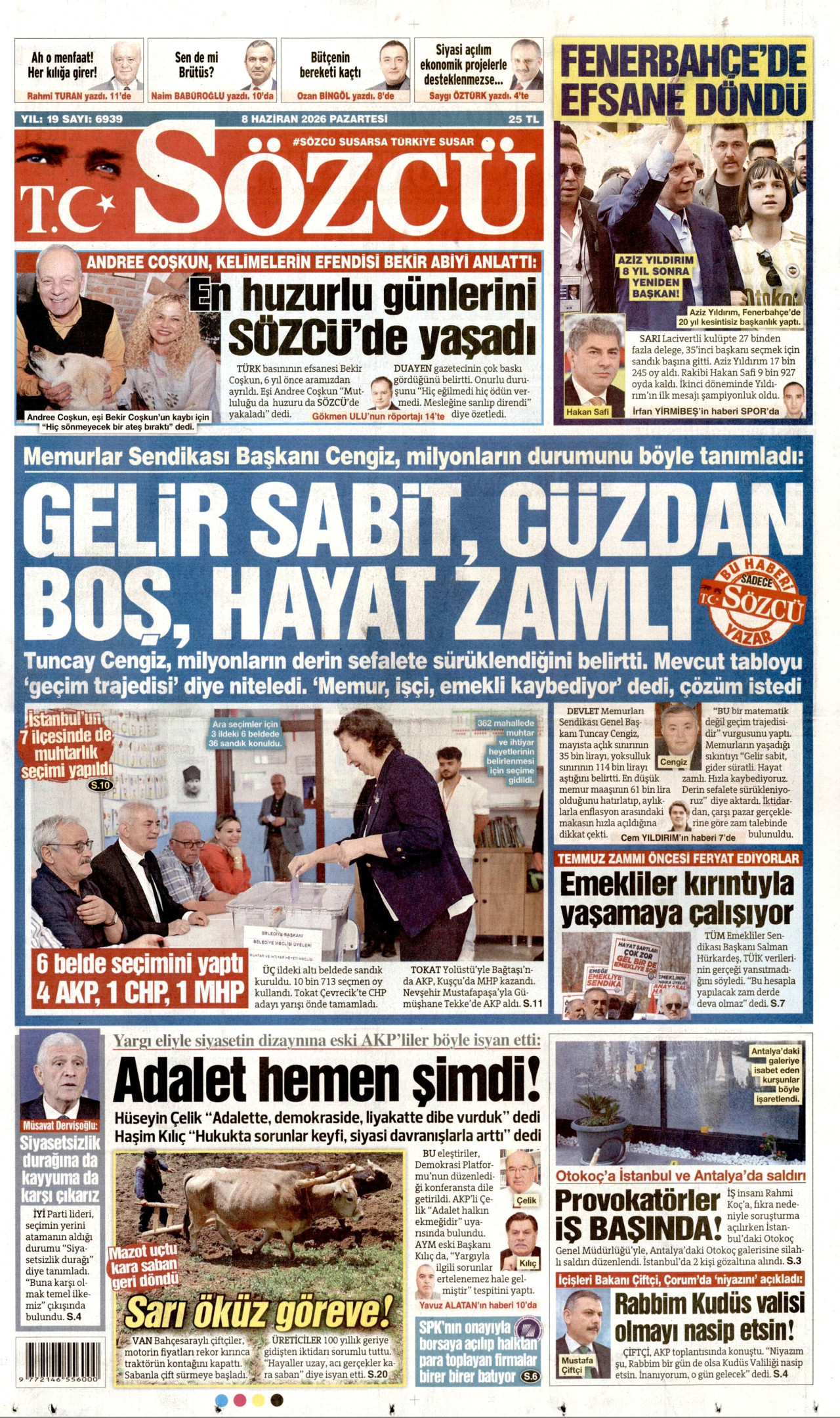SÖZCÜ gazetesinin 8 Haziran 2026 tarihli birinci sayfası