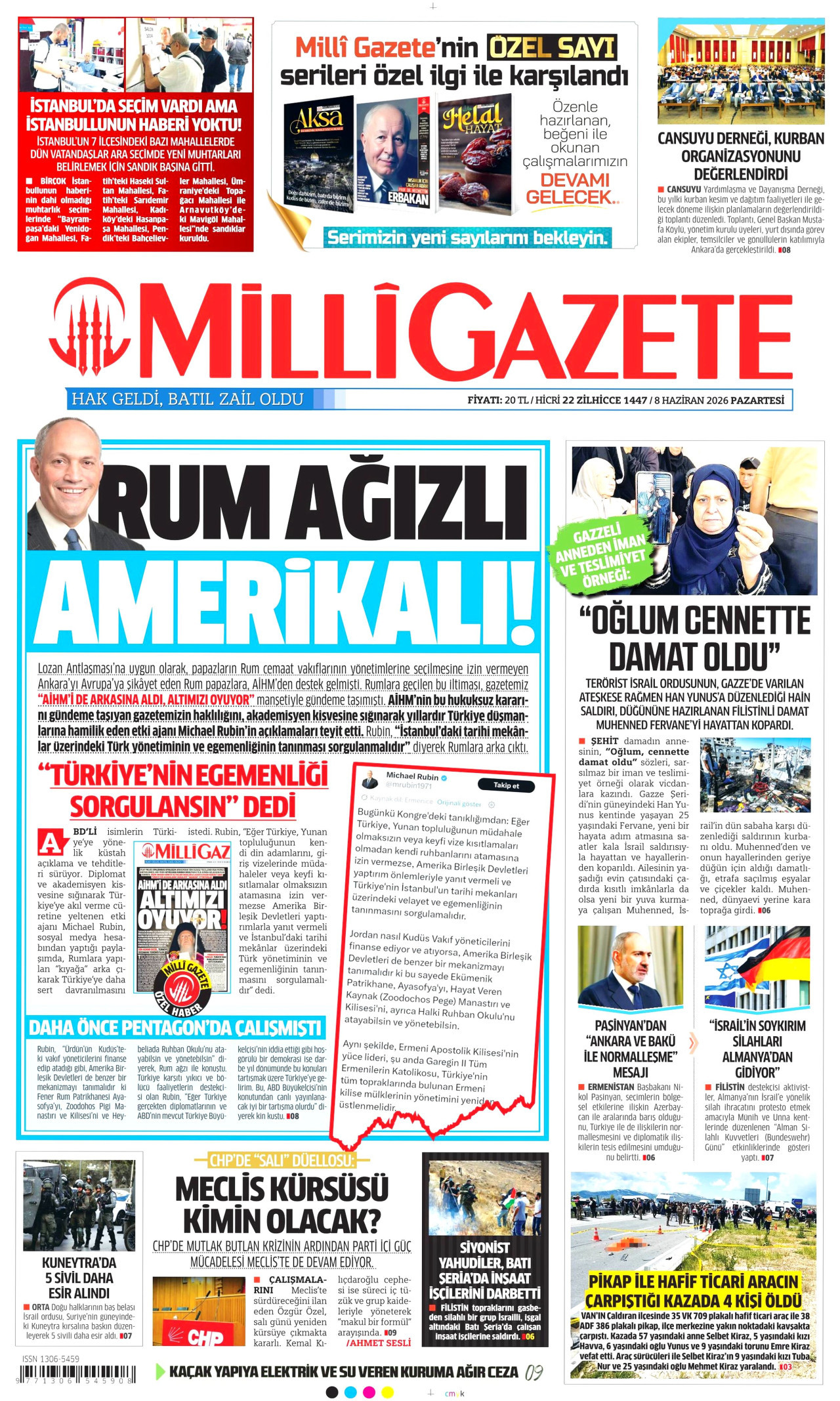 MİLLİ GAZETE gazetesinin 8 Haziran 2026 tarihli birinci sayfası