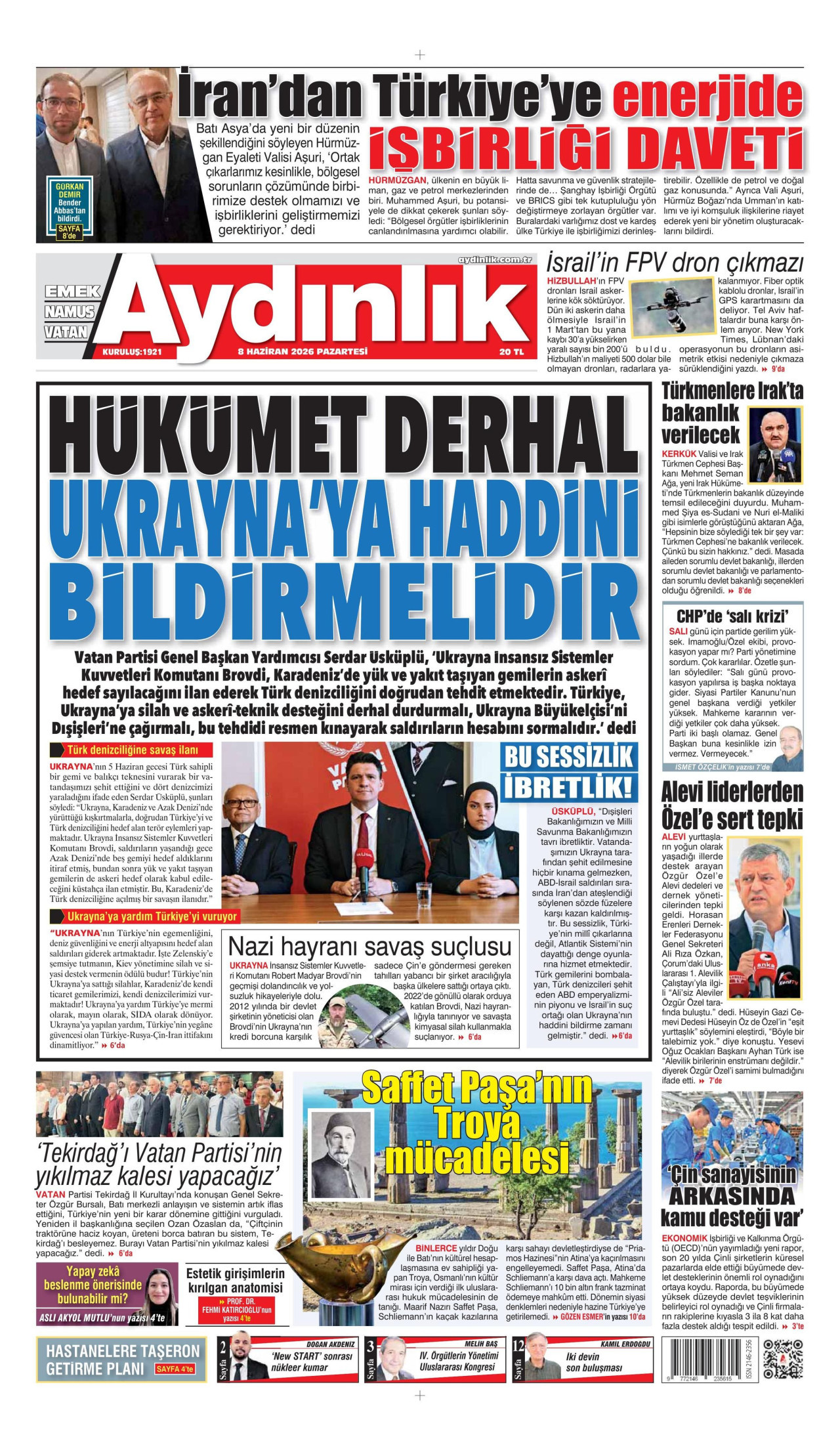 AYDINLIK GAZETESİ gazetesinin 8 Haziran 2026 tarihli birinci sayfası
