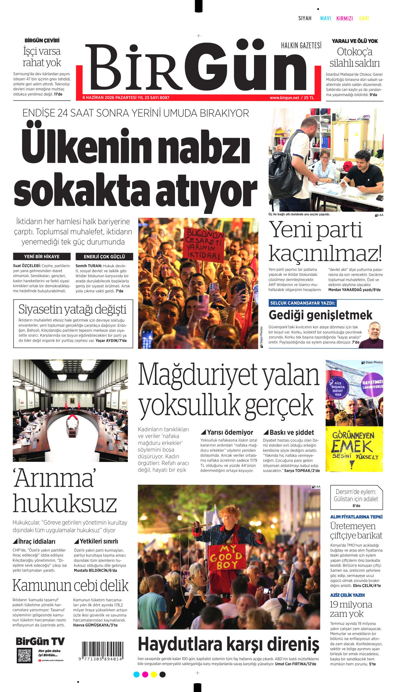 BİRGÜN gazetesinin 8 Haziran 2026 tarihli birinci sayfası