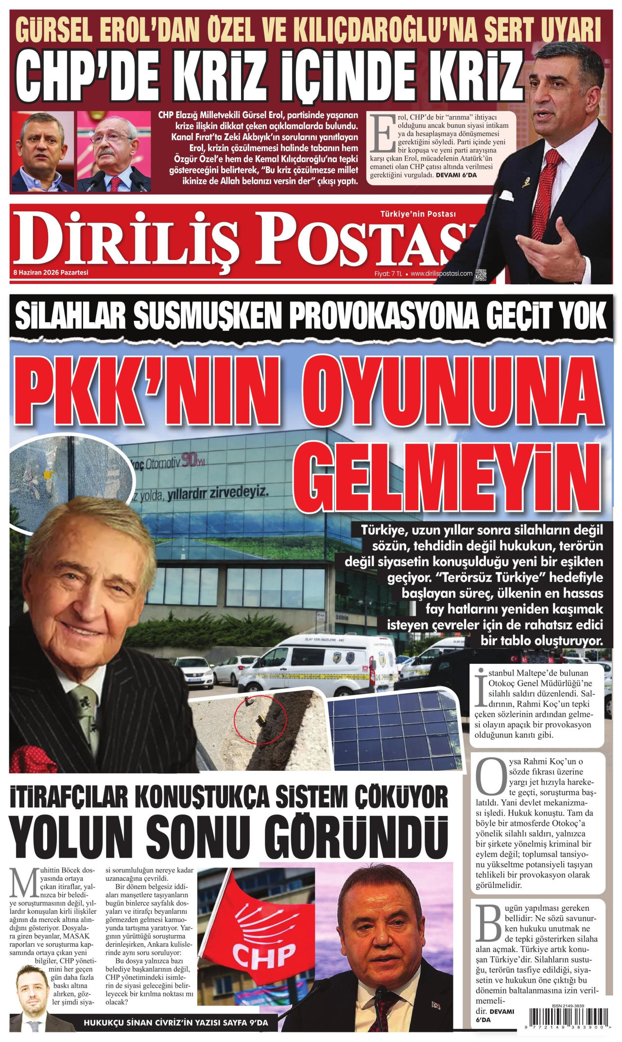 DİRİLİŞ POSTASI gazetesinin 8 Haziran 2026 tarihli birinci sayfası