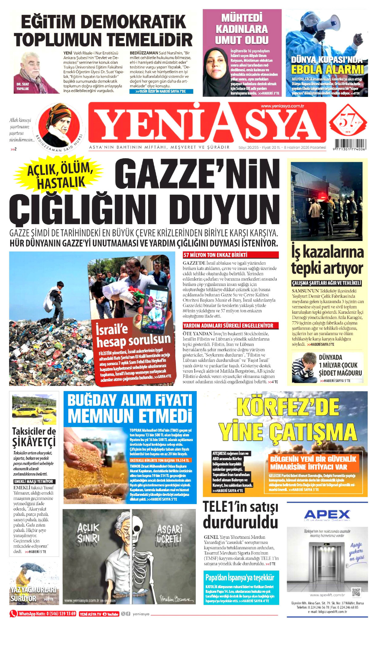 YENİ ASYA gazetesinin 8 Haziran 2026 tarihli birinci sayfası