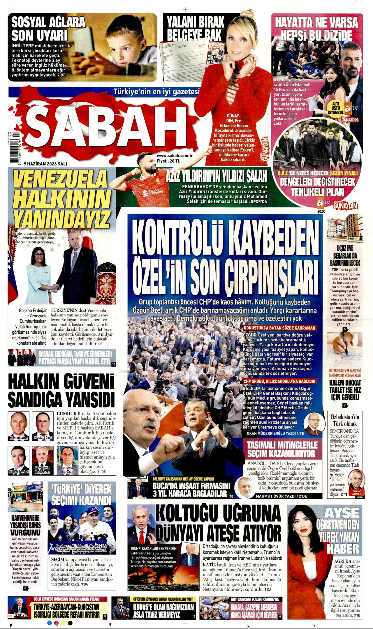 SABAH gazetesinin 9 Haziran 2026 tarihli birinci sayfası