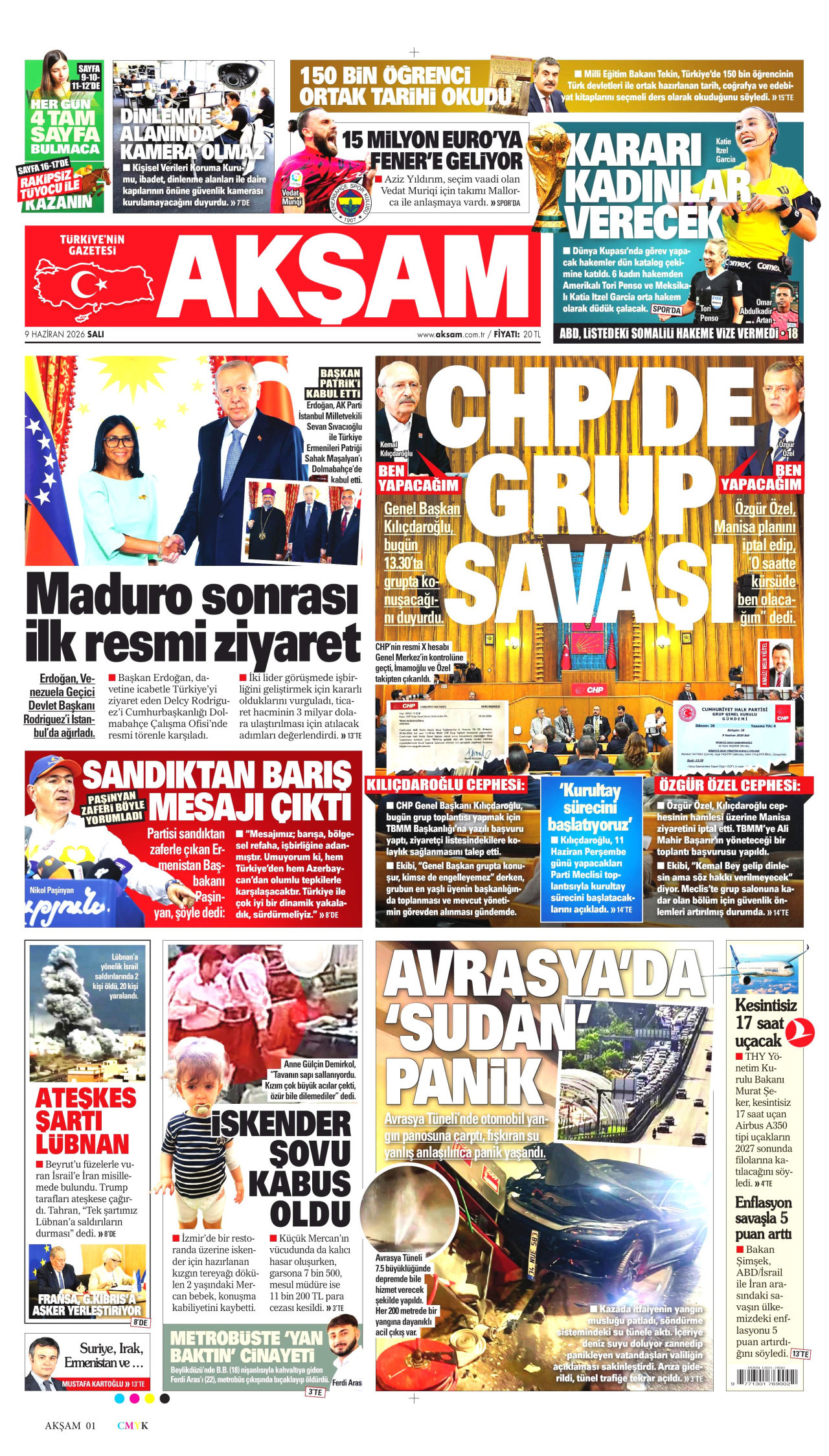 AKŞAM gazetesinin 9 Haziran 2026 tarihli birinci sayfası