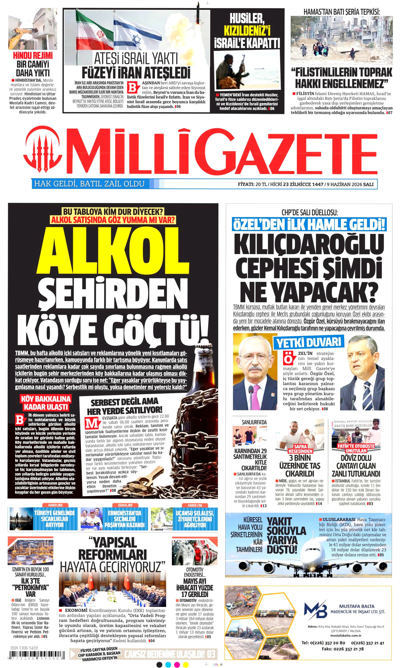 MİLLİ GAZETE gazetesinin 9 Haziran 2026 tarihli birinci sayfası
