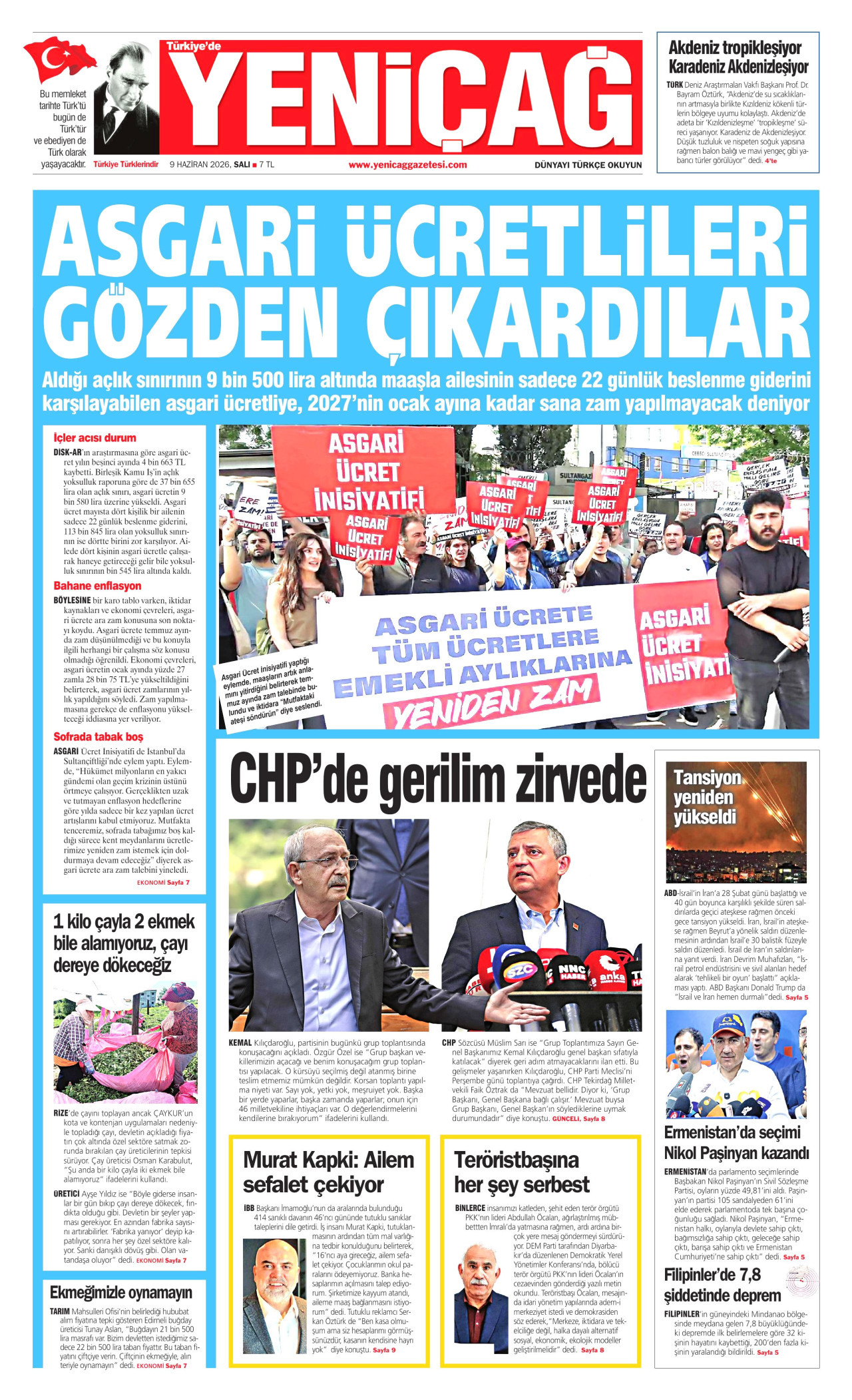 YENİÇAĞ gazetesinin 9 Haziran 2026 tarihli birinci sayfası