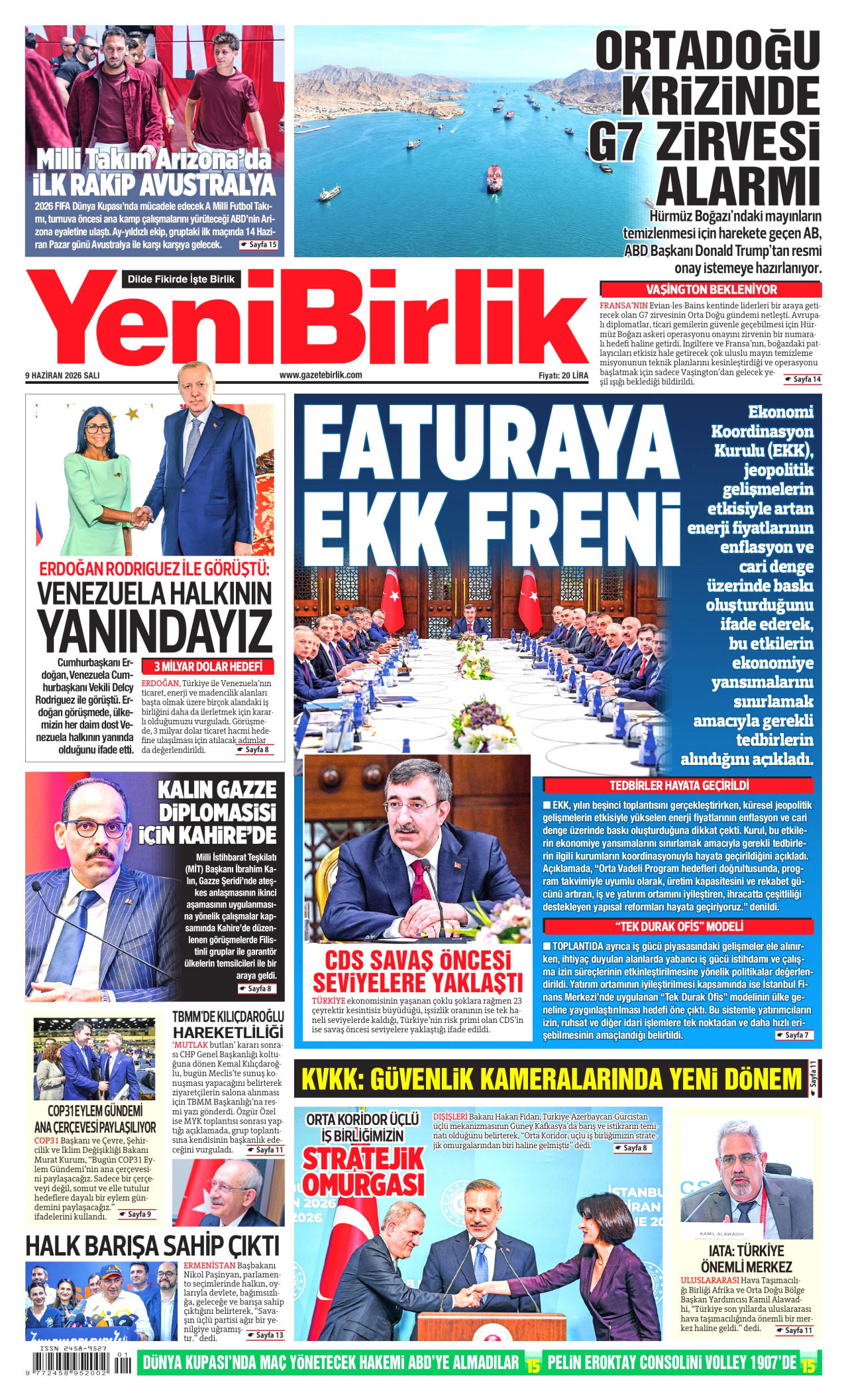 YENİBİRLİK gazetesinin 9 Haziran 2026 tarihli birinci sayfası