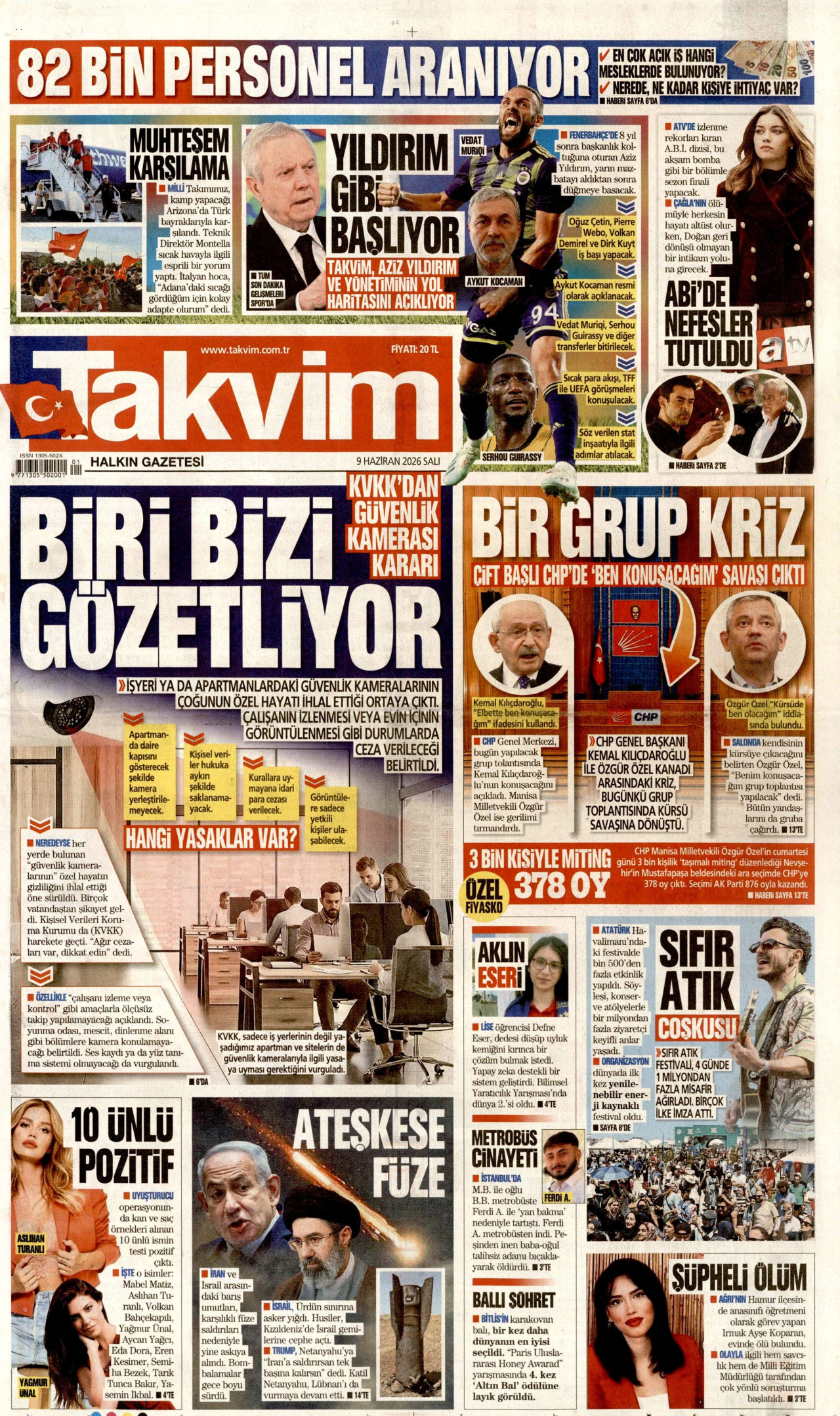 TAKVİM gazetesinin 9 Haziran 2026 tarihli birinci sayfası