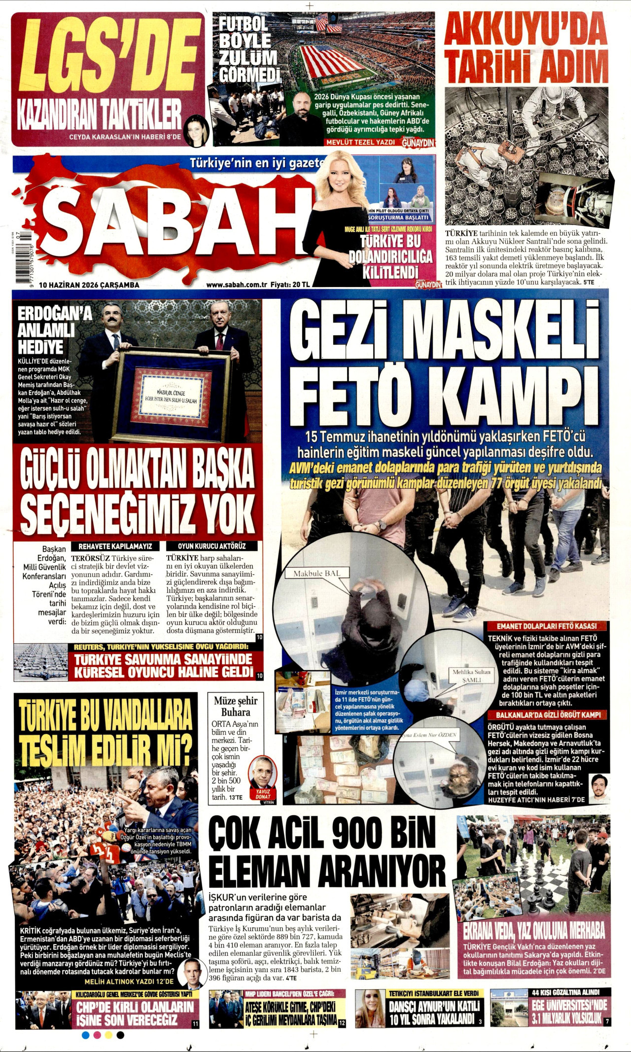 SABAH gazetesinin 10 Haziran 2026 tarihli birinci sayfası