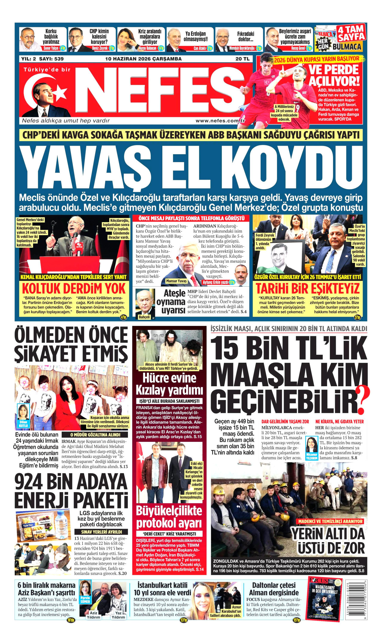 NEFES gazetesinin 10 Haziran 2026 tarihli birinci sayfası