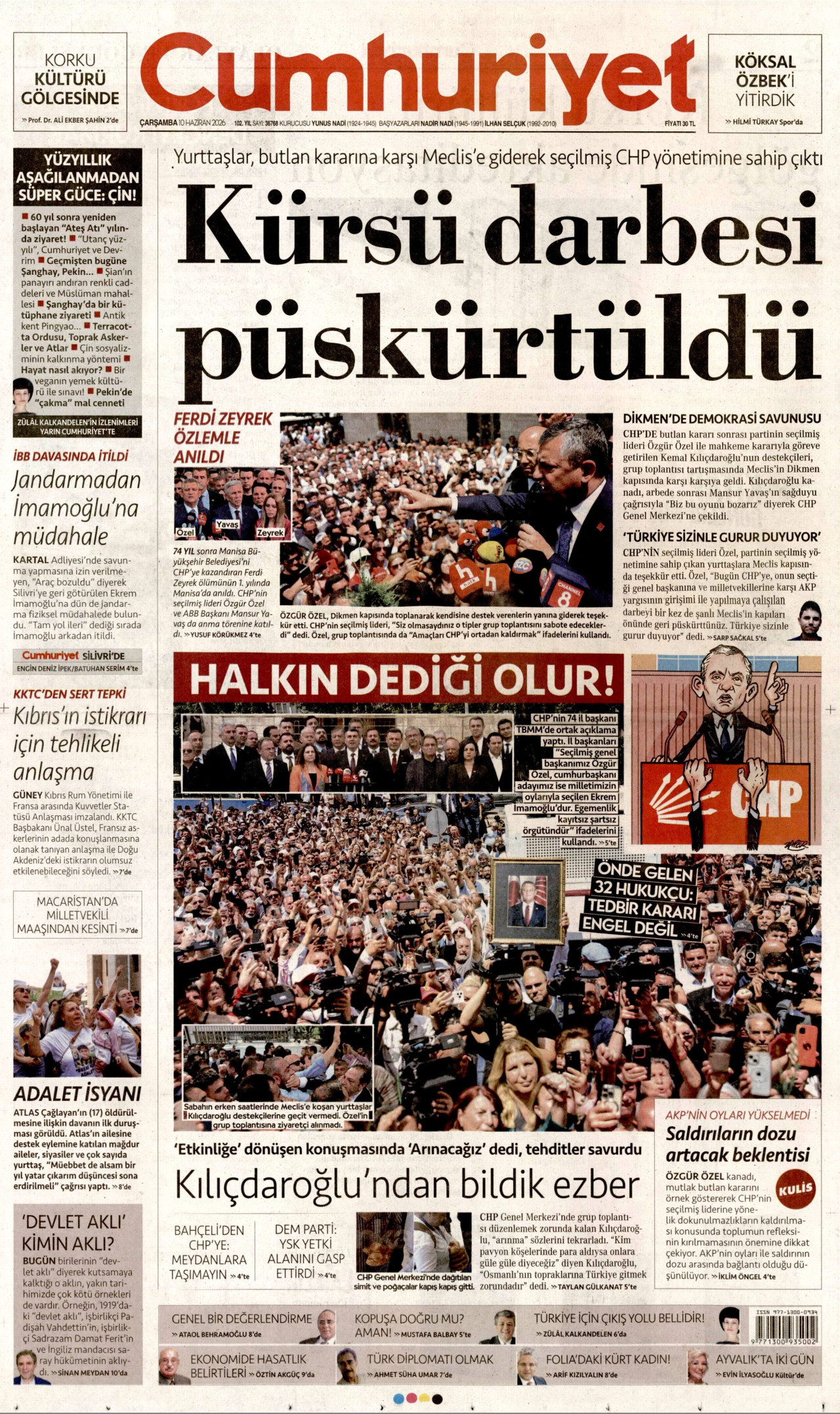 CUMHURİYET gazetesinin 10 Haziran 2026 tarihli birinci sayfası