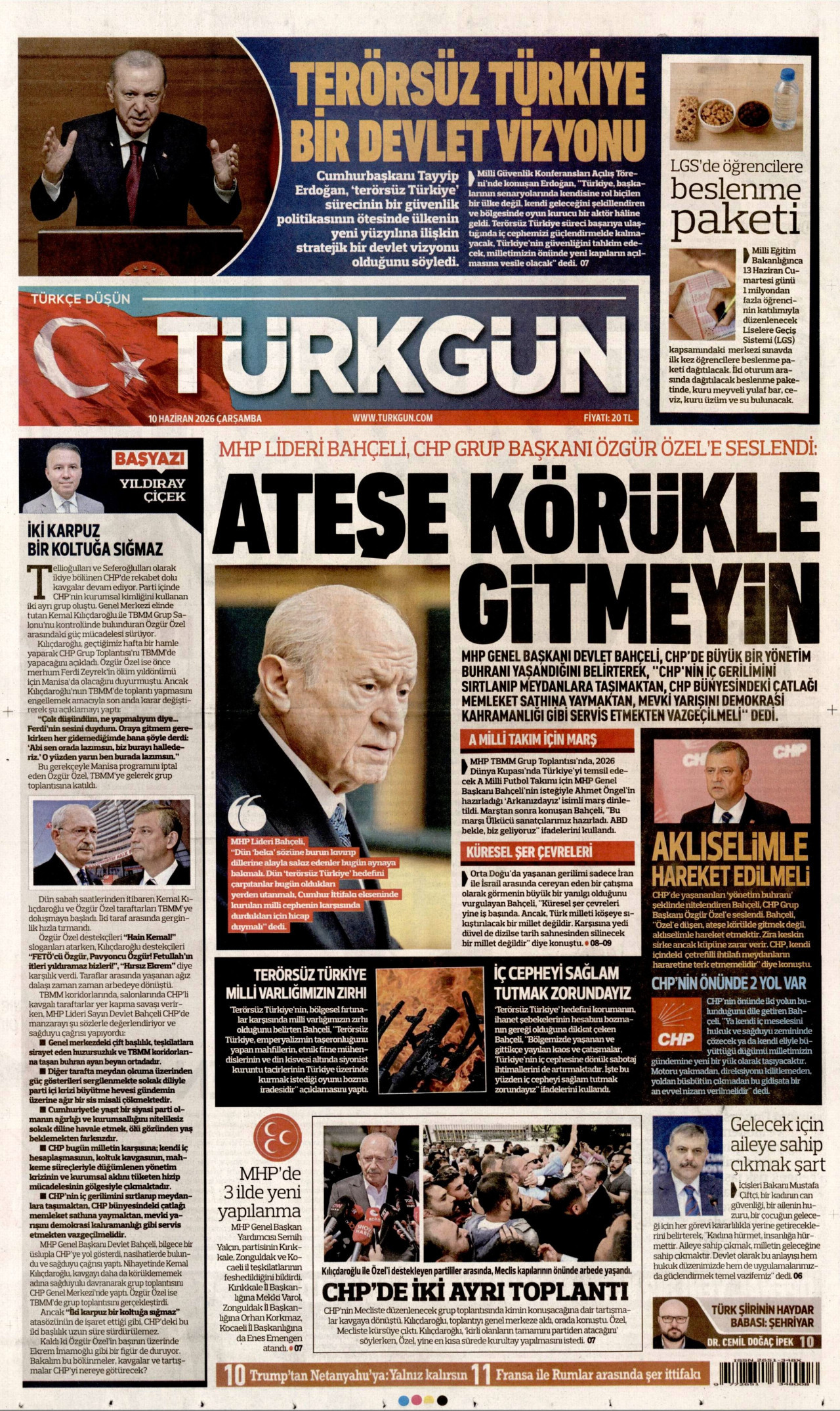 TÜRKGÜN gazetesinin 10 Haziran 2026 tarihli birinci sayfası