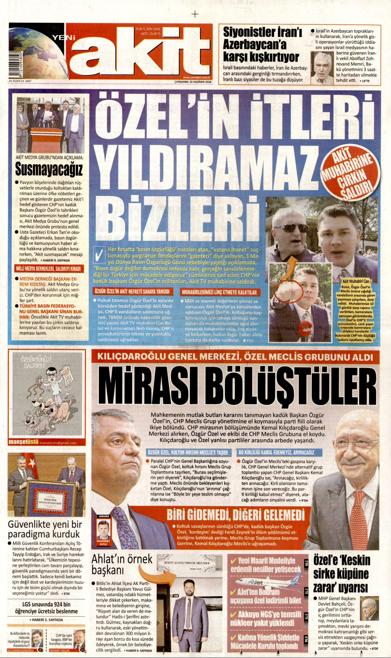 YENİ AKİT gazetesinin 10 Haziran 2026 tarihli birinci sayfası