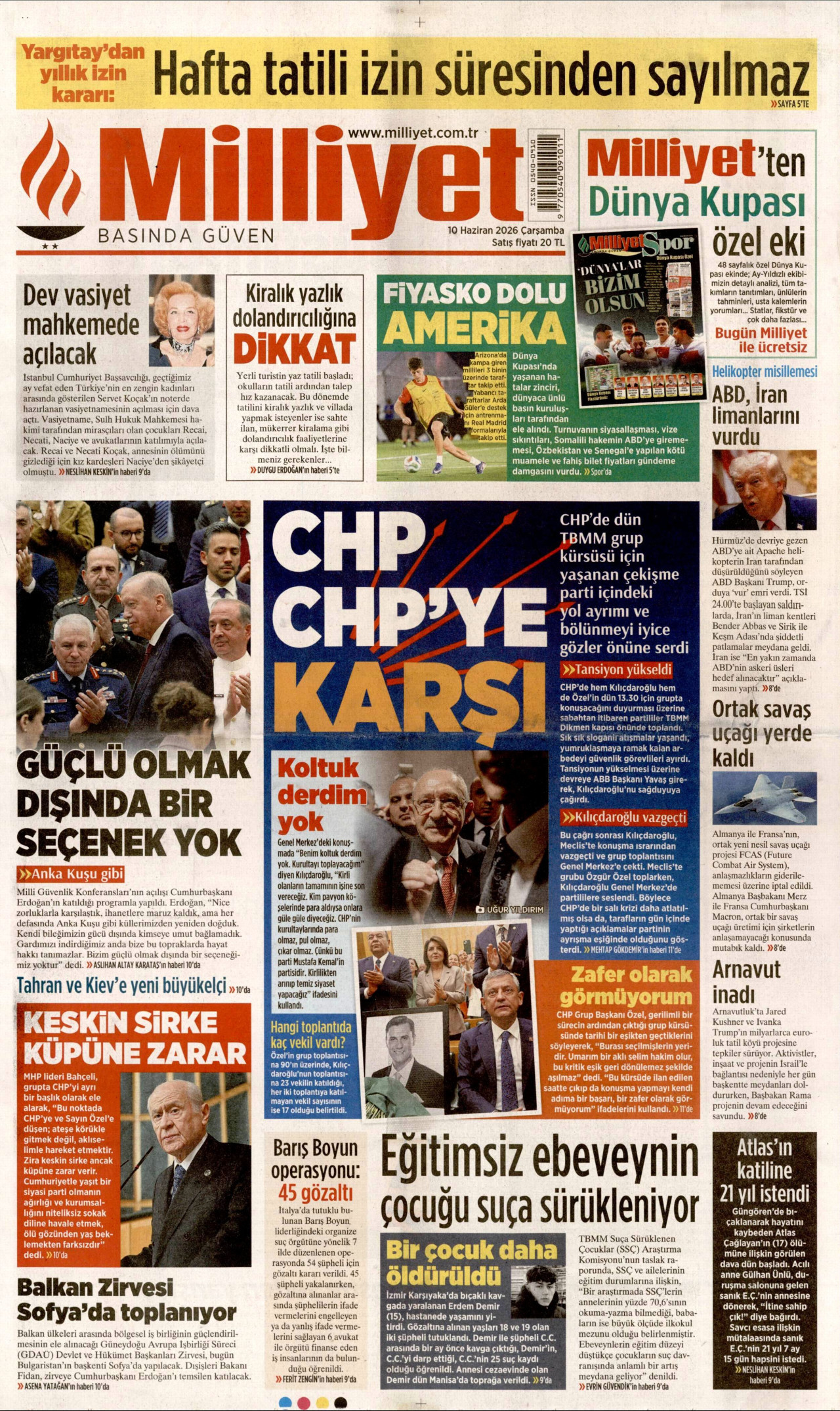 MİLLİYET gazetesinin 10 Haziran 2026 tarihli birinci sayfası
