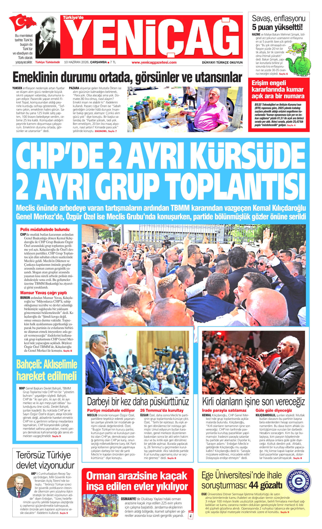 YENİÇAĞ gazetesinin 10 Haziran 2026 tarihli birinci sayfası