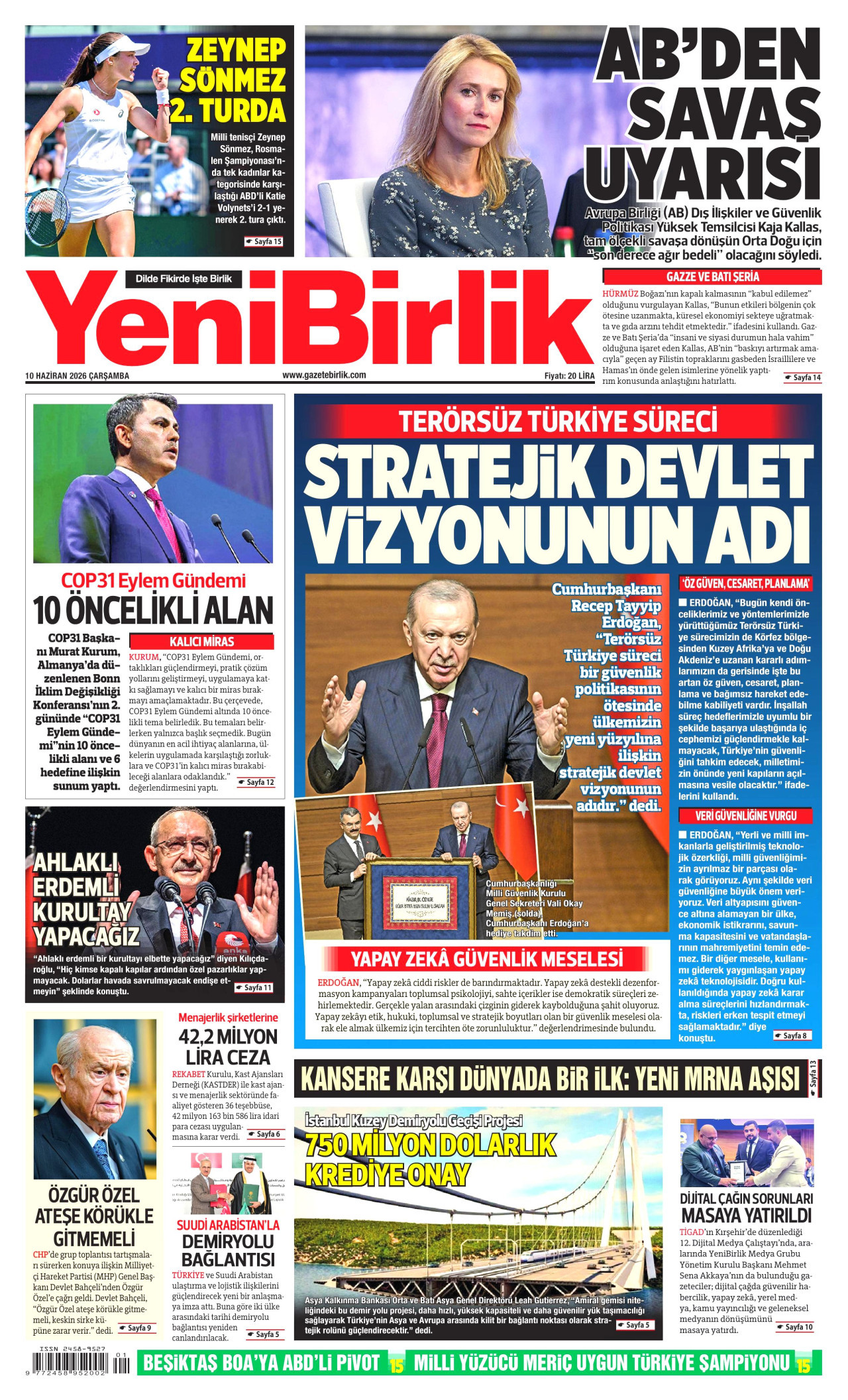 YENİBİRLİK gazetesinin 10 Haziran 2026 tarihli birinci sayfası