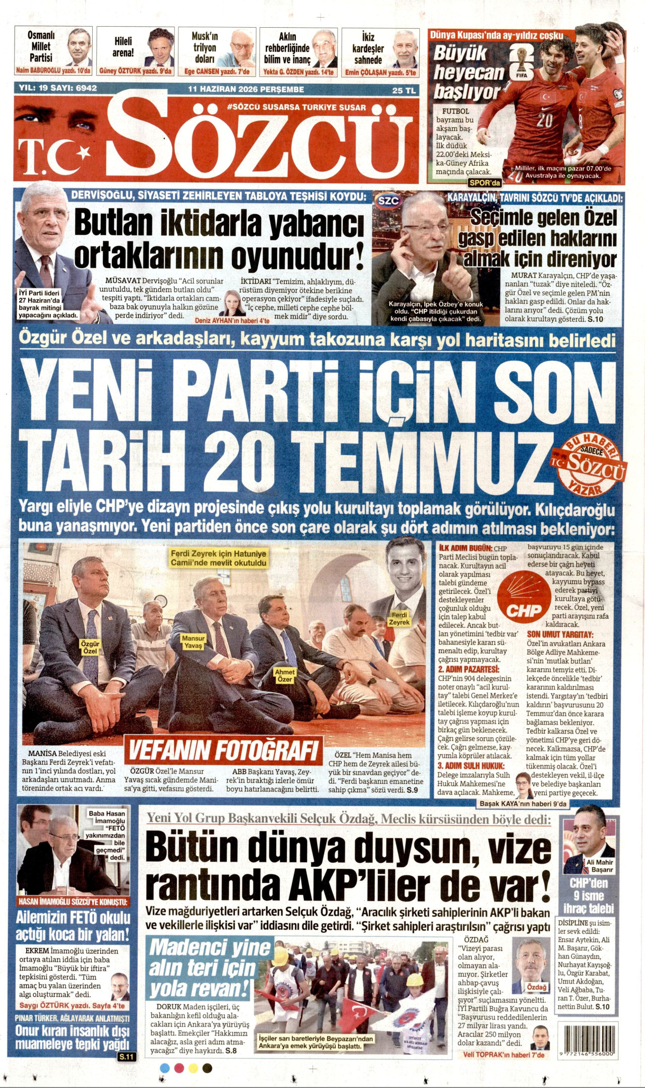 SÖZCÜ gazetesinin 11 Haziran 2026 tarihli birinci sayfası