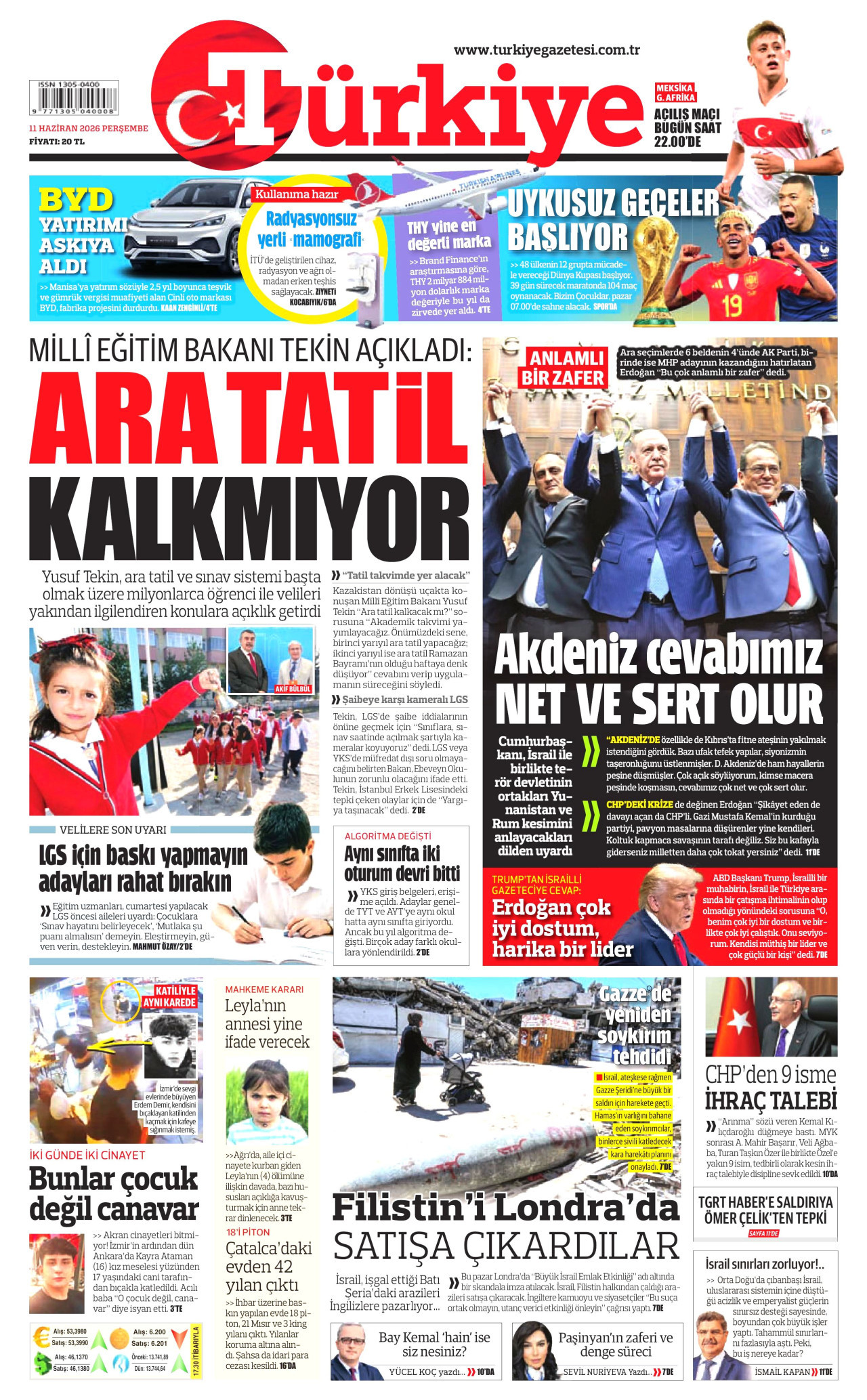 TÜRKİYE GAZETESİ gazetesinin 11 Haziran 2026 tarihli birinci sayfası