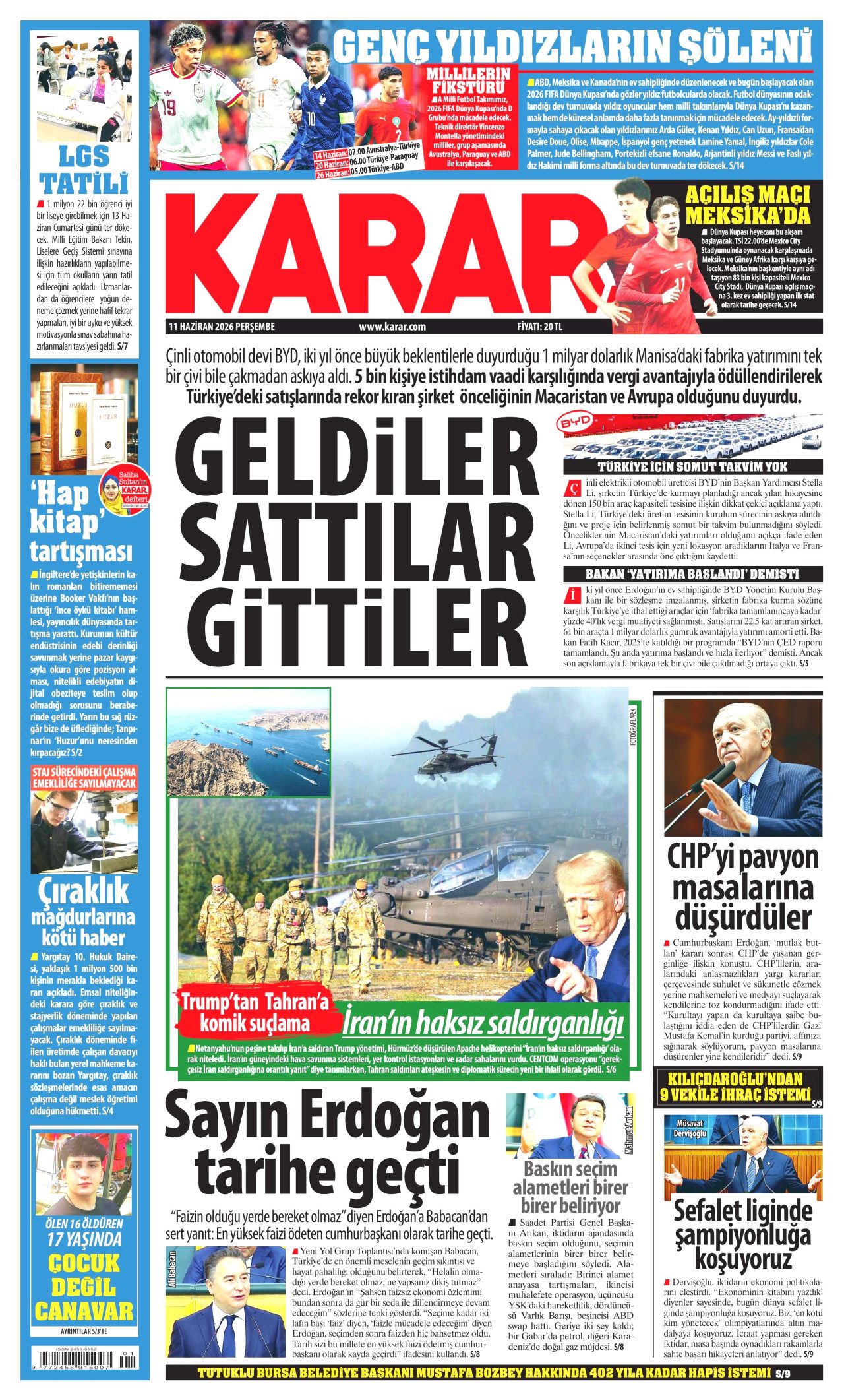 KARAR gazetesinin 11 Haziran 2026 tarihli birinci sayfası