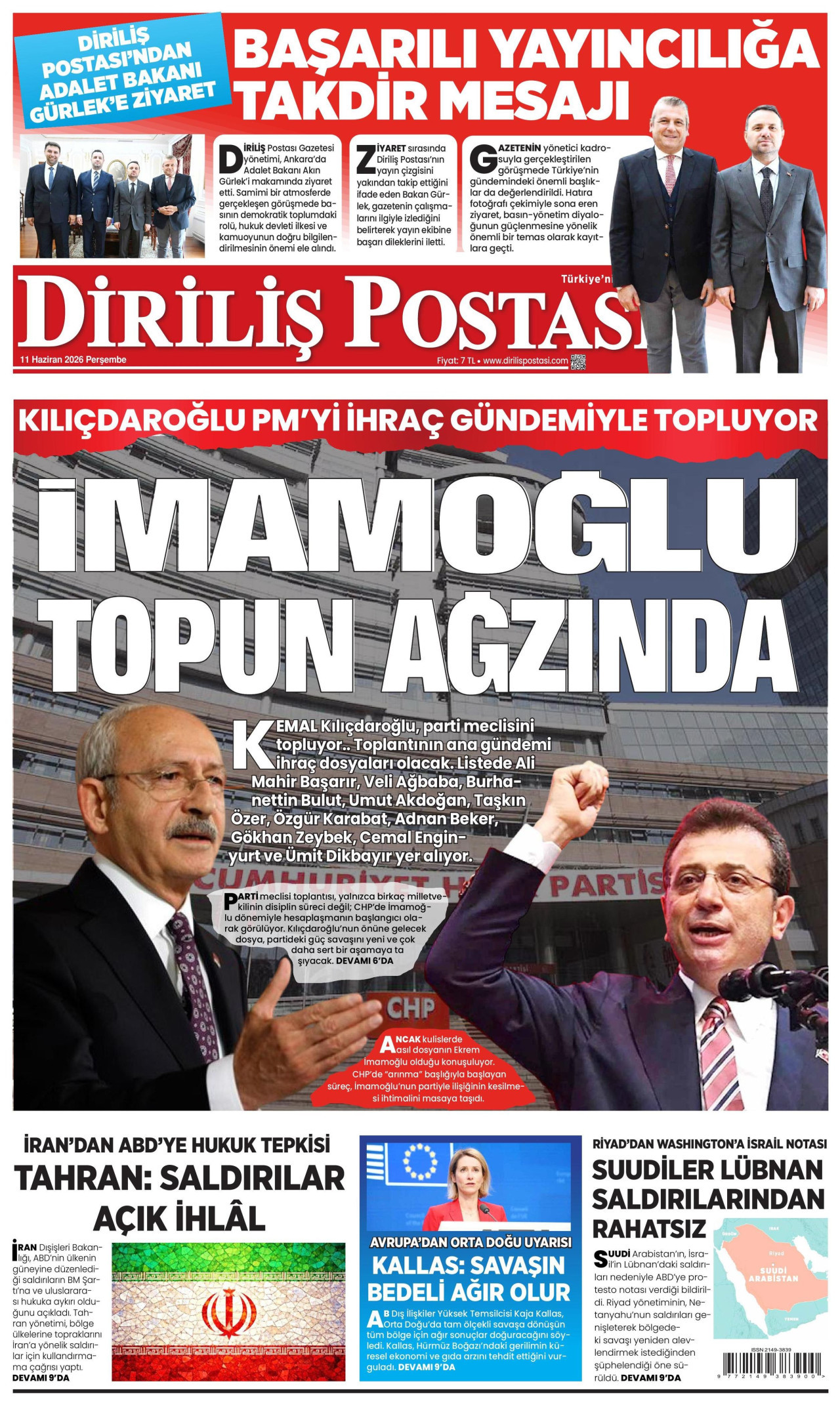 DİRİLİŞ POSTASI gazetesinin 11 Haziran 2026 tarihli birinci sayfası