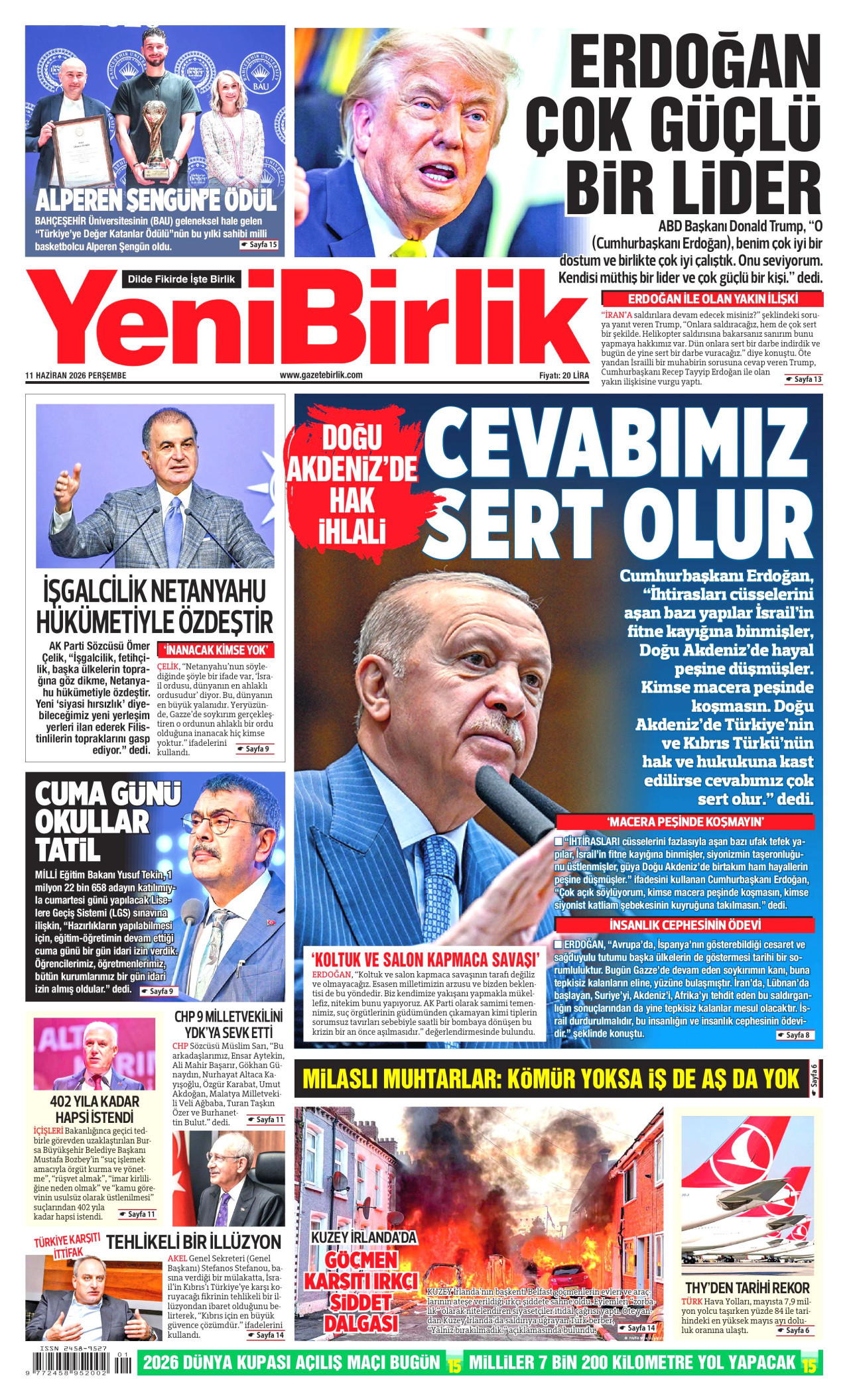YENİBİRLİK gazetesinin 11 Haziran 2026 tarihli birinci sayfası