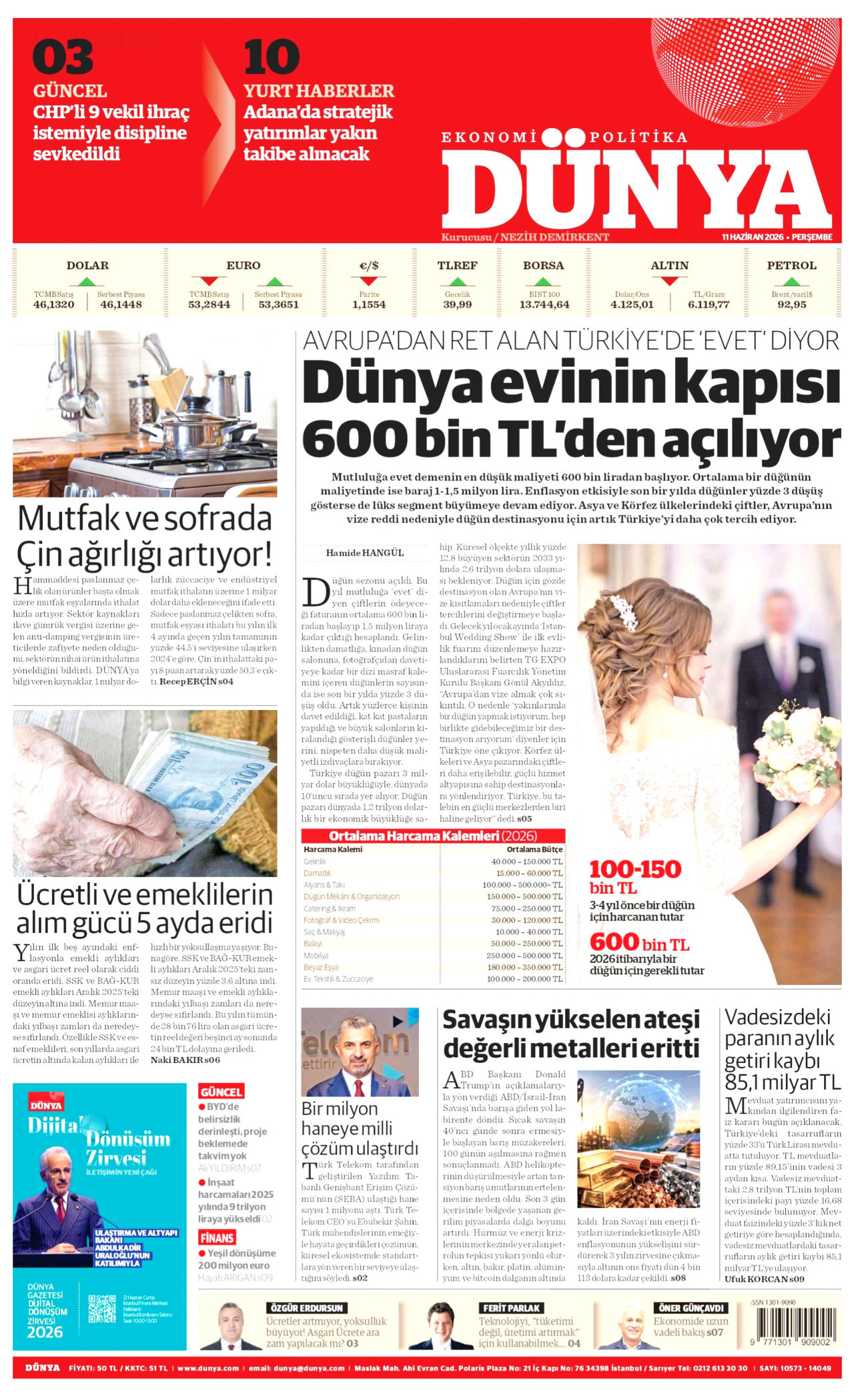 DÜNYA gazetesinin 11 Haziran 2026 tarihli birinci sayfası
