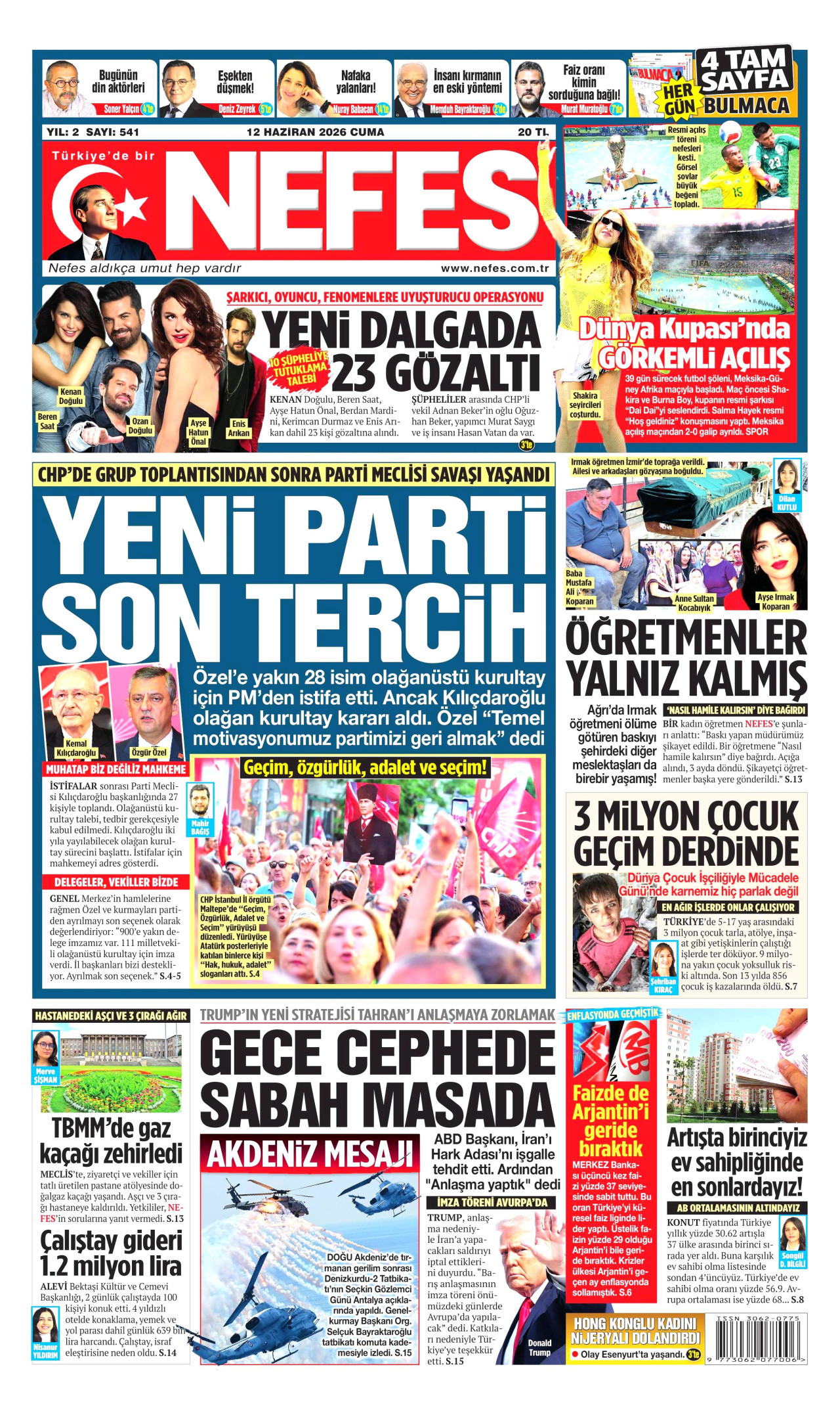 NEFES gazetesinin 12 Haziran 2026 tarihli birinci sayfası