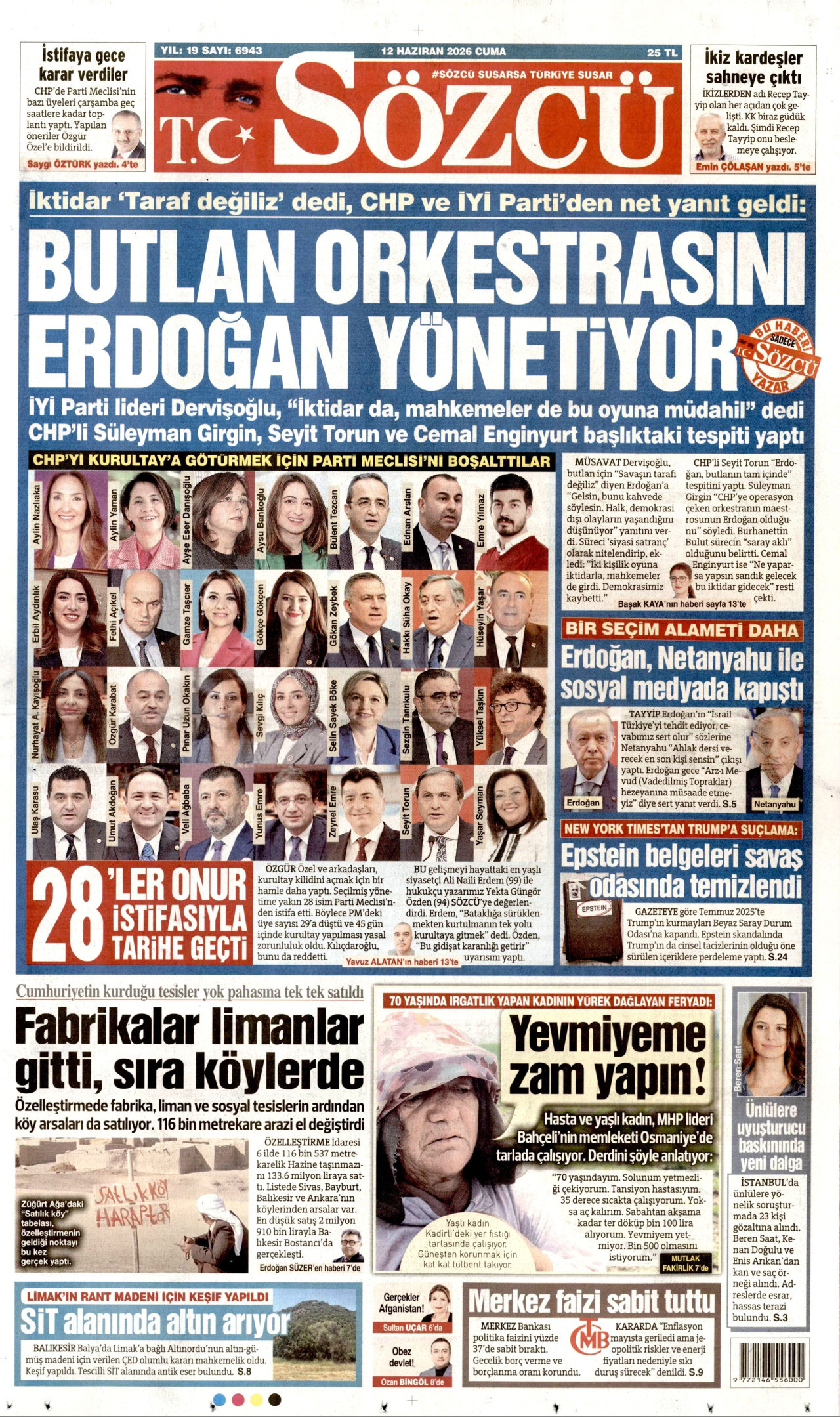 SÖZCÜ gazetesinin 12 Haziran 2026 tarihli birinci sayfası