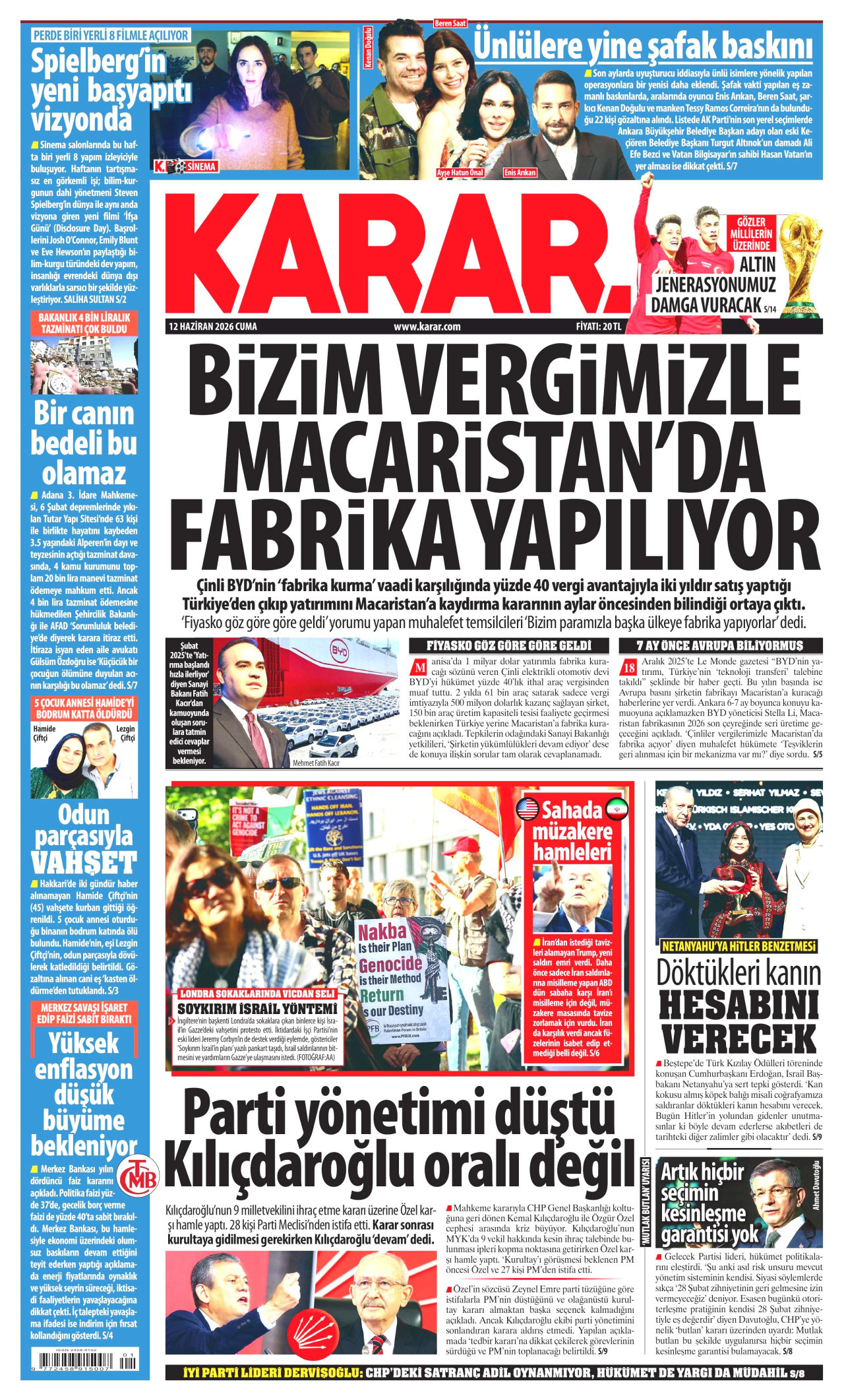 KARAR gazetesinin 12 Haziran 2026 tarihli birinci sayfası