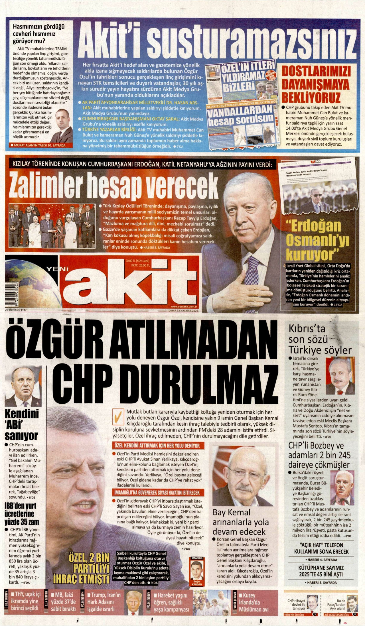 YENİ AKİT gazetesinin 12 Haziran 2026 tarihli birinci sayfası