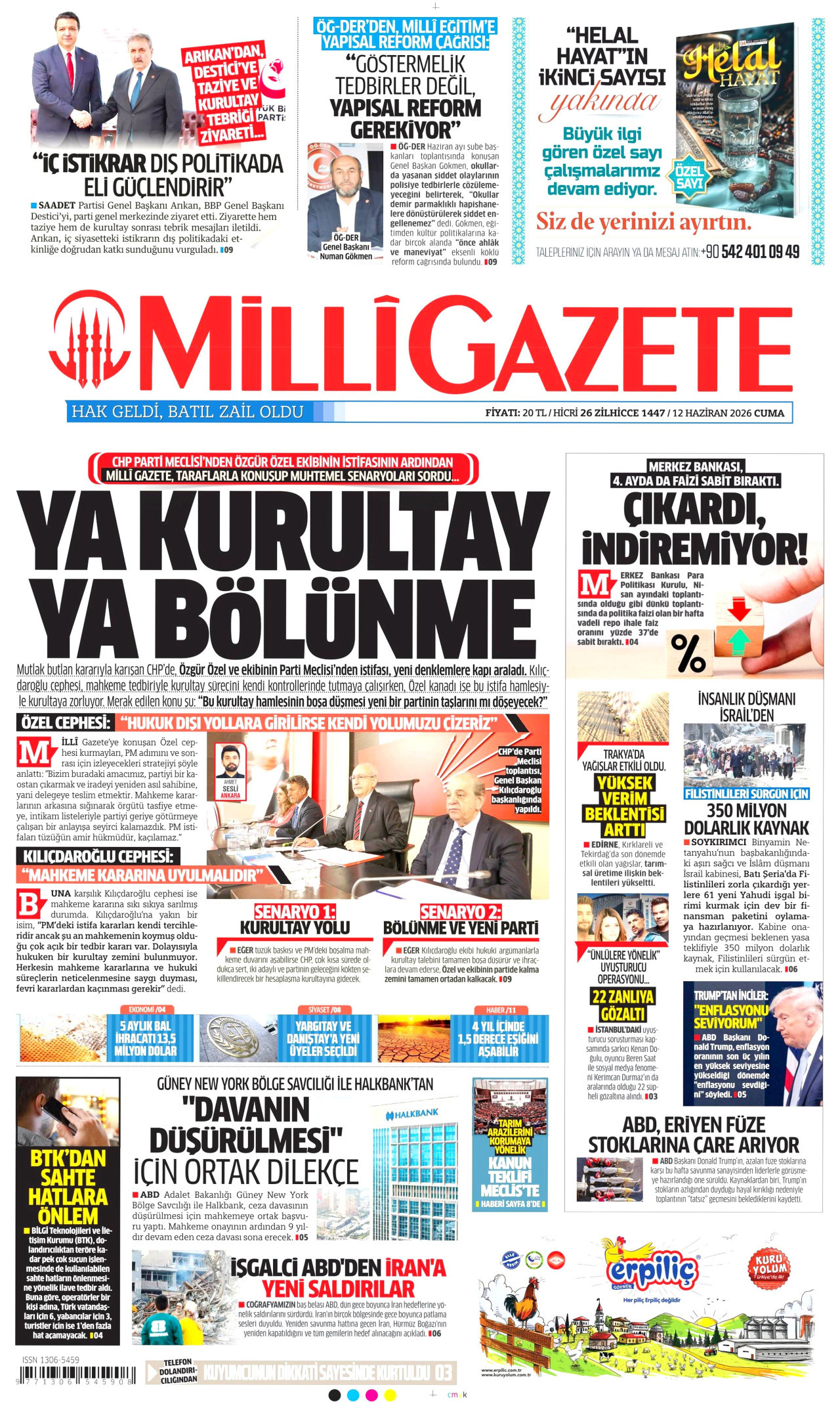 MİLLİ GAZETE gazetesinin 12 Haziran 2026 tarihli birinci sayfası