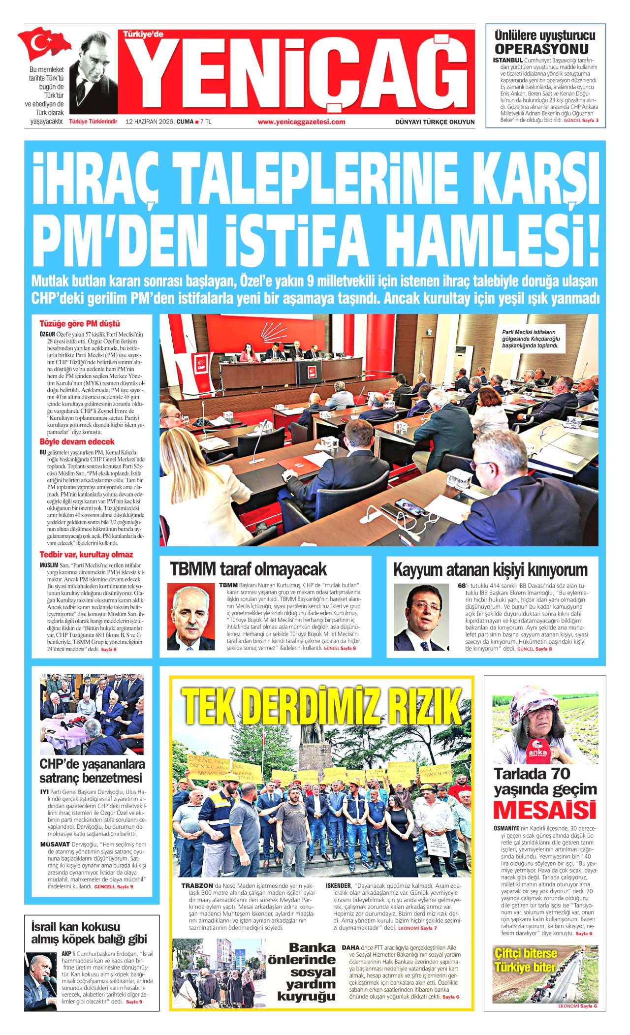 YENİÇAĞ gazetesinin 12 Haziran 2026 tarihli birinci sayfası