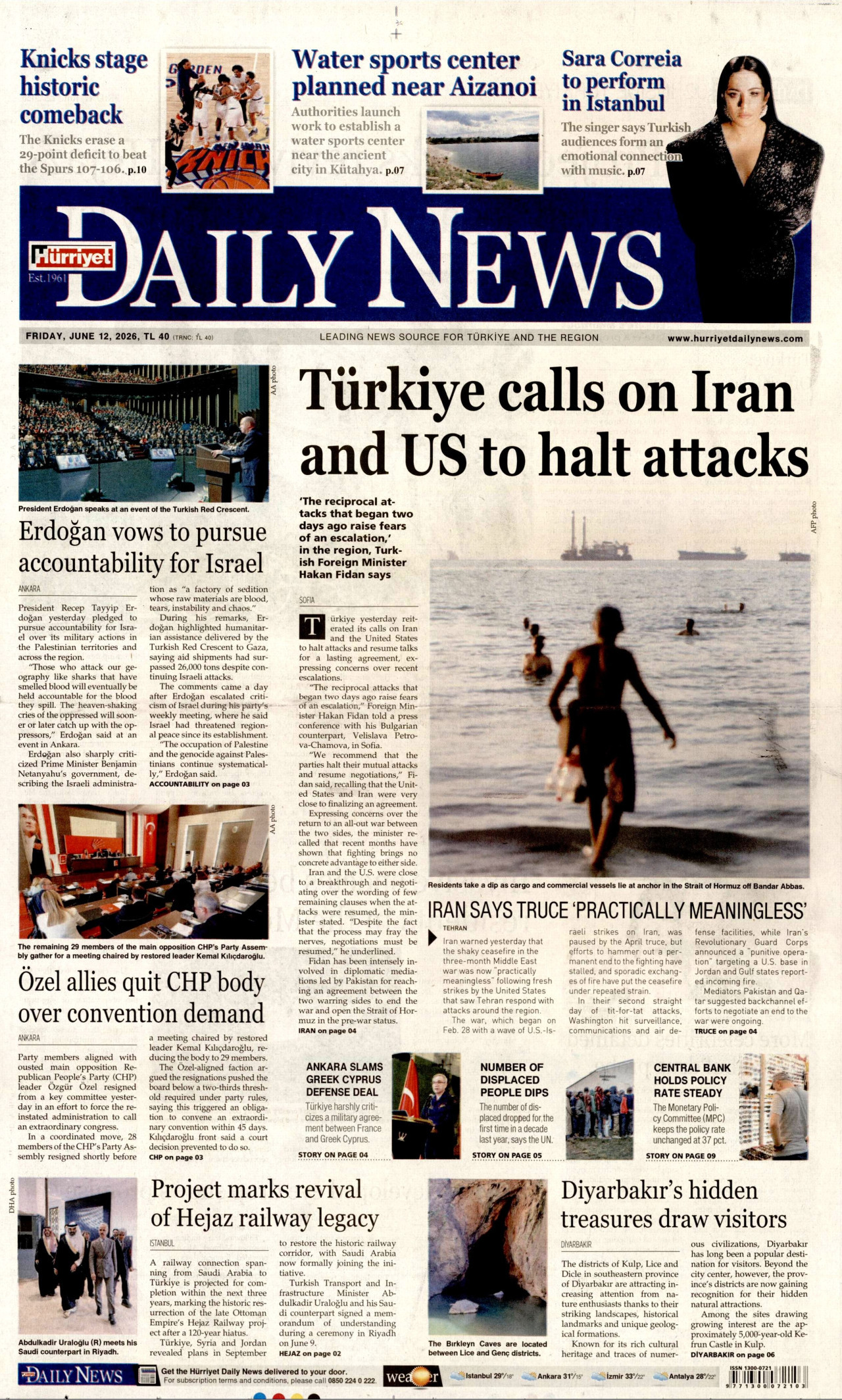 HÜRRİYET DAİLY NEWS gazetesinin 12 Haziran 2026 tarihli birinci sayfası